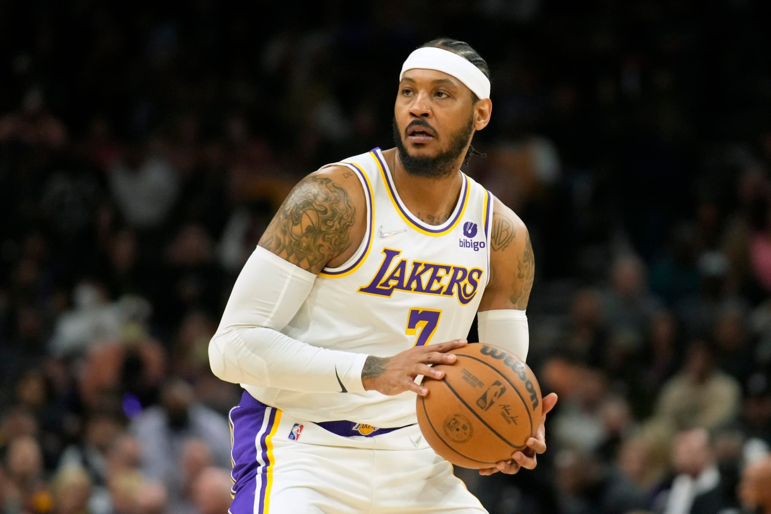 Los Angeles Lakers forward Carmelo Anthony (7) during the first half of an NBA basketball game against the Phoenix Suns, Sunday, Jan. 13, 2022, in Phoenix. (AP Photo/Rick Scuteri)