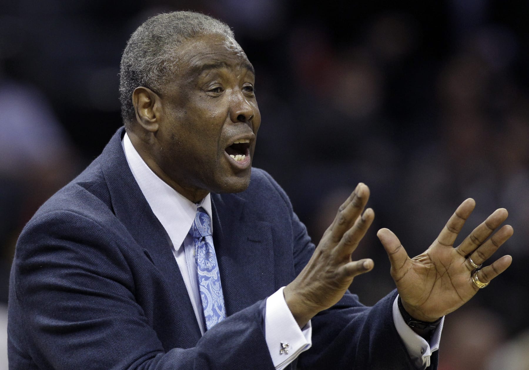 Charlotte Bobcats coach Paul Silas argues a call during the first half of an NBA basketball game against the Chicago Bulls in Charlotte, N.C., Wednesday, April 18, 2012. (AP Photo/Chuck Burton)