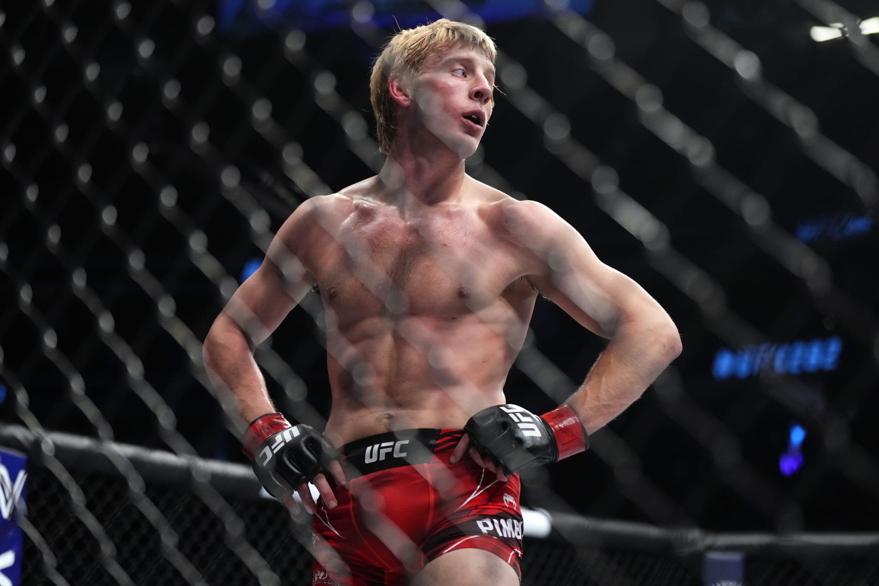 LAS VEGAS, NEVADA - DECEMBER 10: Paddy Pimblett of England waits in his corner after an accidental eye poke to Jared Gordon in a lightweight fight during the UFC 282 event at T-Mobile Arena on December 10, 2022 in Las Vegas, Nevada. (Photo by Cooper Neill/Zuffa LLC)