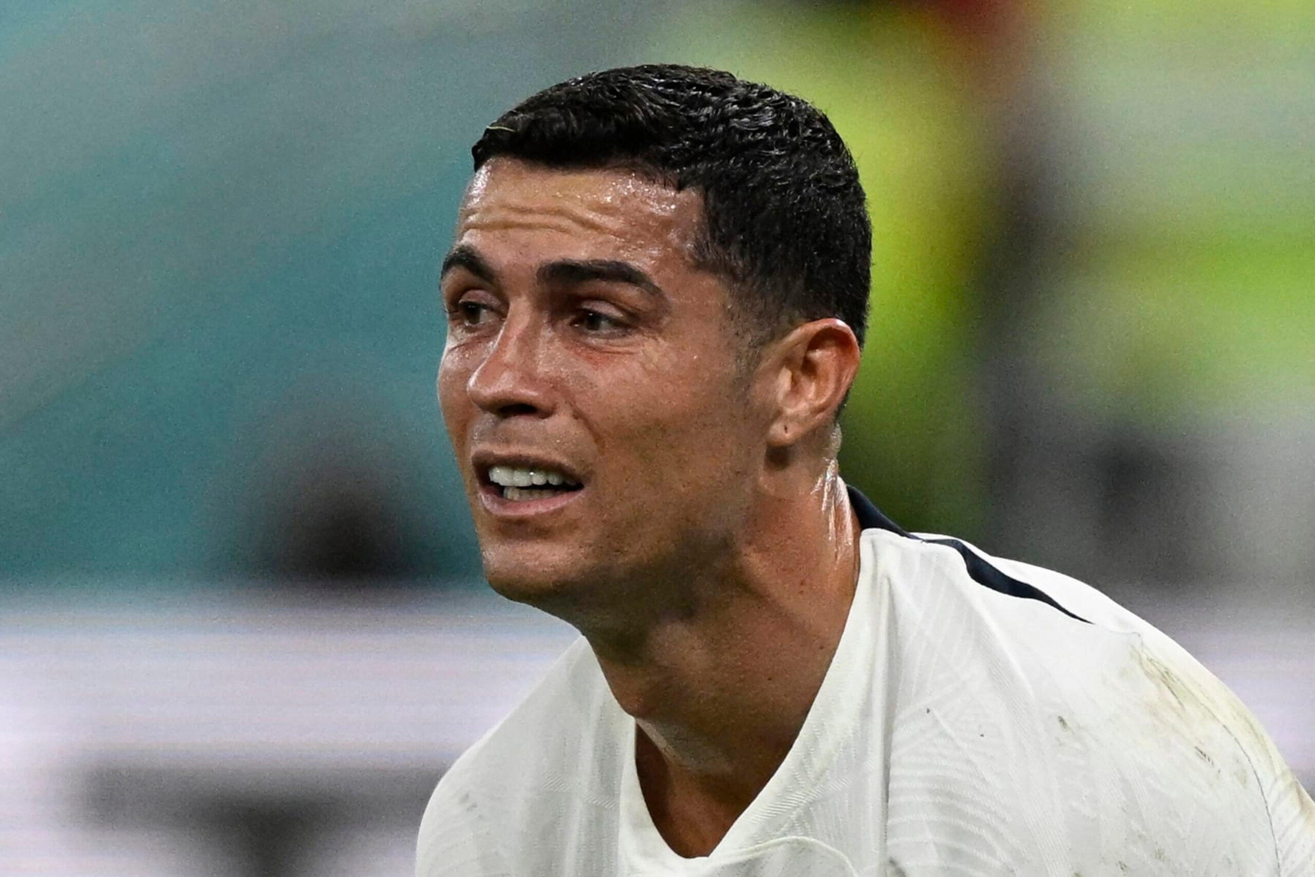 Portugal's forward #07 Cristiano Ronaldo reacts after his team lost the Qatar 2022 World Cup quarter-final football match between Morocco and Portugal at the Al-Thumama Stadium in Doha on December 10, 2022. (Photo by PATRICIA DE MELO MOREIRA / AFP) (Photo by PATRICIA DE MELO MOREIRA/AFP via Getty Images)