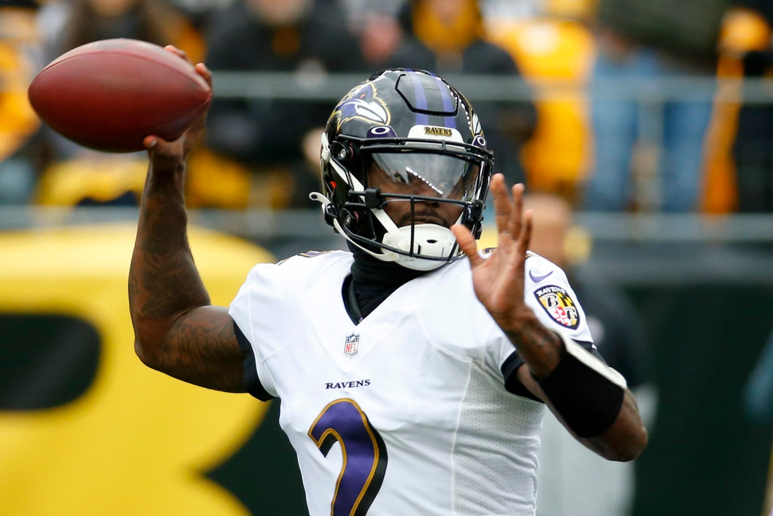PITTSBURGH, PENNSYLVANIA - DECEMBER 11: Tyler Huntley #2 of the Baltimore Ravens lines up to throw the ball during the first quarter of the game against the Pittsburgh Steelers at Acrisure Stadium on December 11, 2022 in Pittsburgh, Pennsylvania. (Photo by Justin K. Aller/Getty Images)