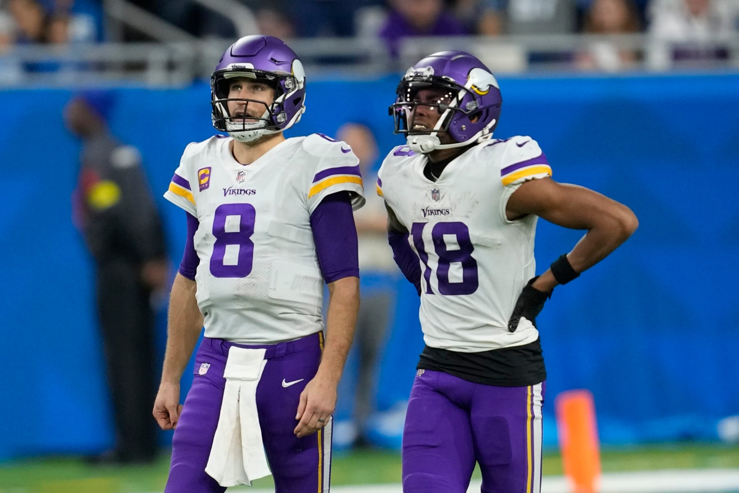Minnesota Vikings' Kirk Cousins and Justin Jefferson watch a replay during the second half of an NFL football game against the Detroit Lions Sunday, Dec. 11, 2022, in Detroit. (AP Photo/Paul Sancya) Minnesota Vikings' Kirk Cousins and Justin Jefferson watch a replay during the second half of an NFL football game against the Detroit Lions Sunday, Dec. 11, 2022, in Detroit. (AP Photo/Paul Sancya)