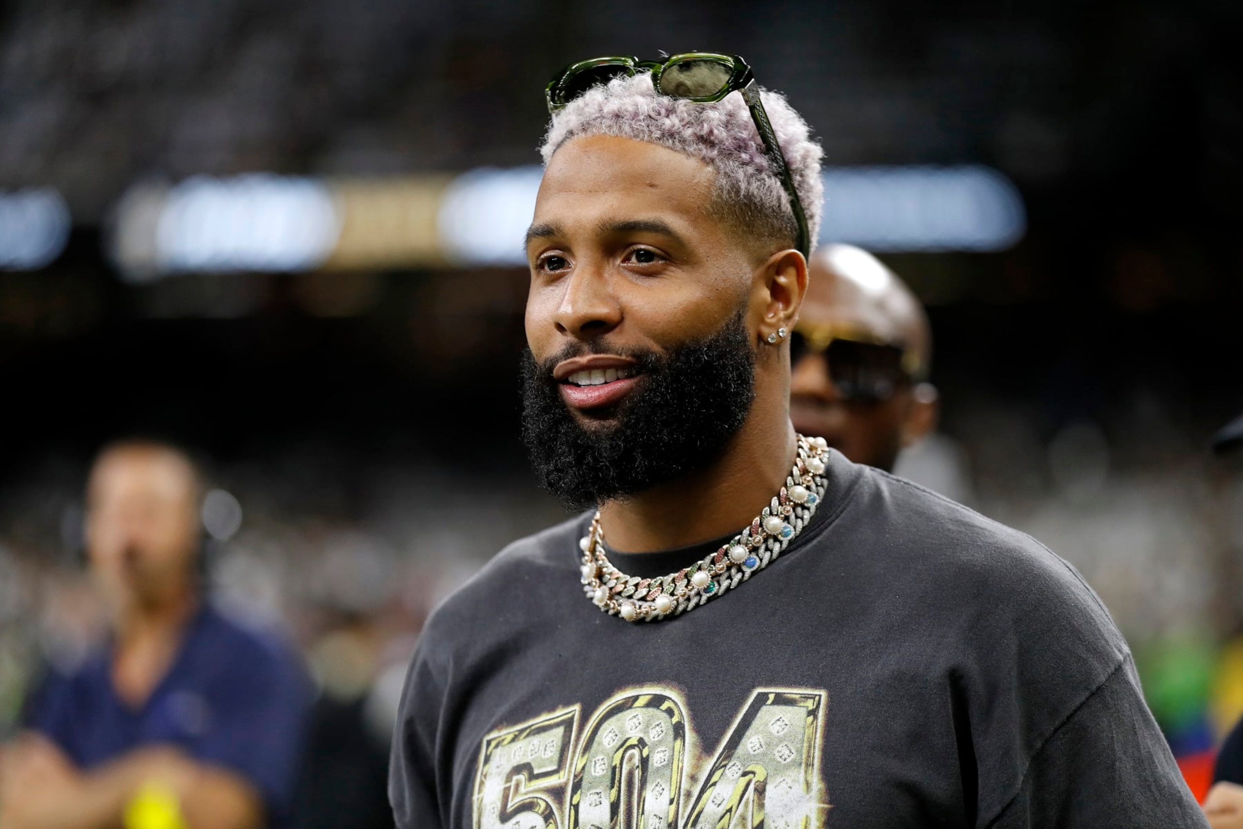 Odell Beckham Jr. is seen on the sidelines before an NFL football game between the New Orleans Saints and the Tampa Bay Buccaneers, Sunday, Sept. 18, 2022, in New Orleans. (AP Photo/Tyler Kaufman) Odell Beckham Jr. is seen on the sidelines before an NFL football game between the New Orleans Saints and the Tampa Bay Buccaneers, Sunday, Sept. 18, 2022, in New Orleans. (AP Photo/Tyler Kaufman)