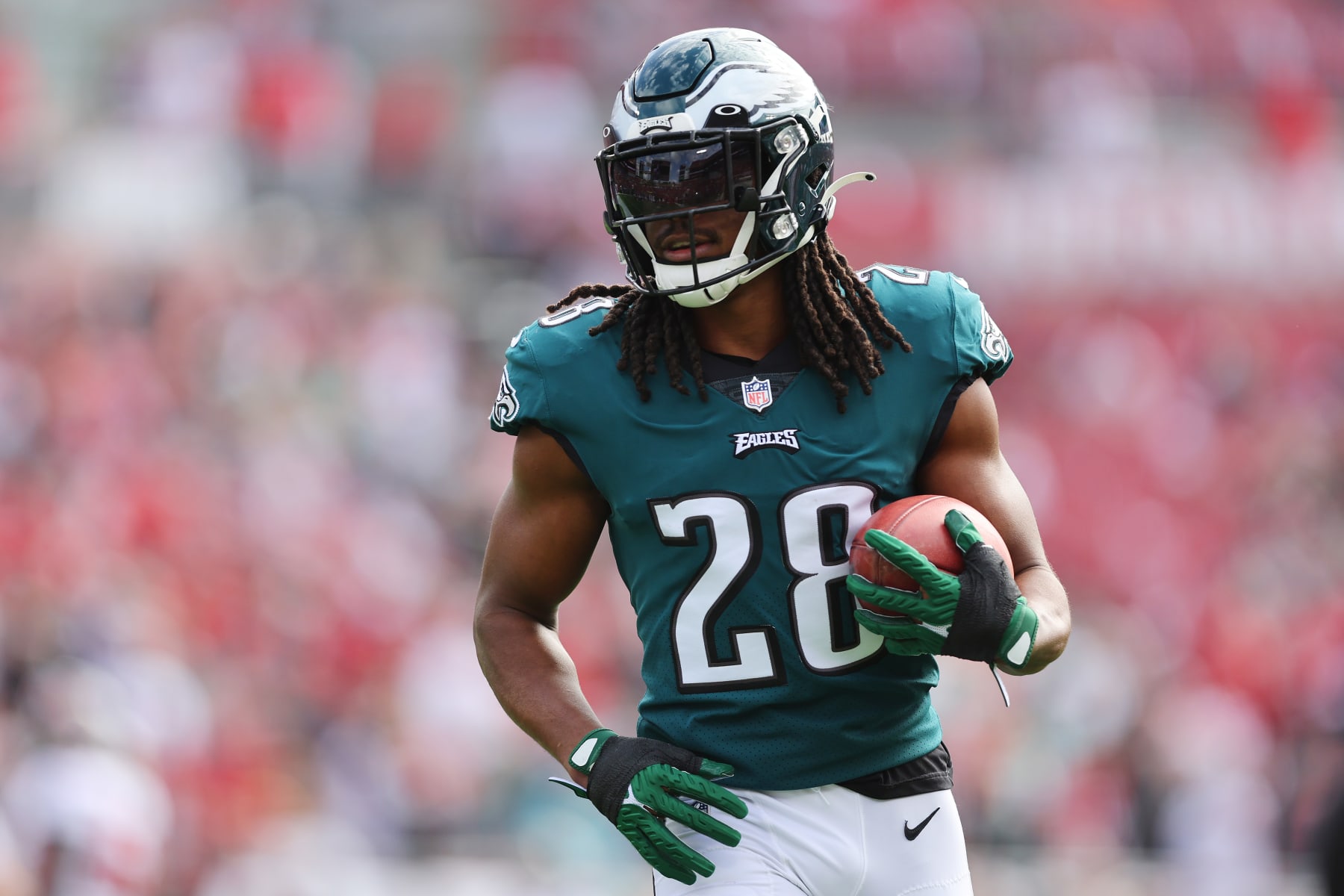 TAMPA, FLORIDA - JANUARY 16: Anthony Harris #28 of the Philadelphia Eagles warms up prior to the NFC Wild Card Playoff game against the Tampa Bay Buccaneers at Raymond James Stadium on January 16, 2022 in Tampa, Florida.  (Photo by Michael Reaves/Getty Images)