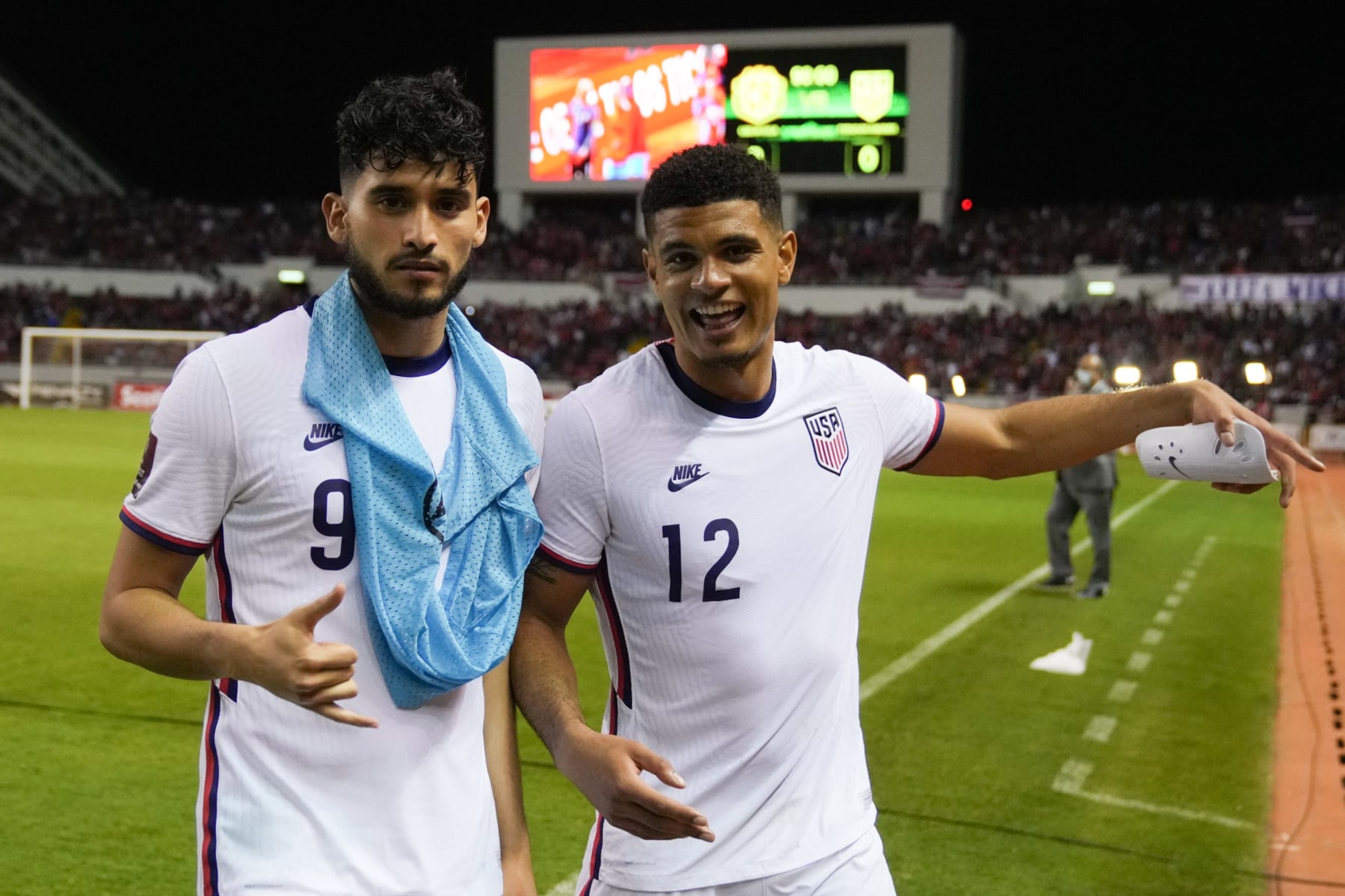 SAN JOSE, COSTA RICA - MARCH 30: Ricardo Pepi #9 and Miles Robinson #12 of the United States look on during a FIFA World Cup qualifier game between Costa Rica and USMNT at Estadio Nacional de Costa Rica on March 30, 2022 in San Jose, Costa Rica. (Photo by Brad Smith/ISI Photos/Getty Images)