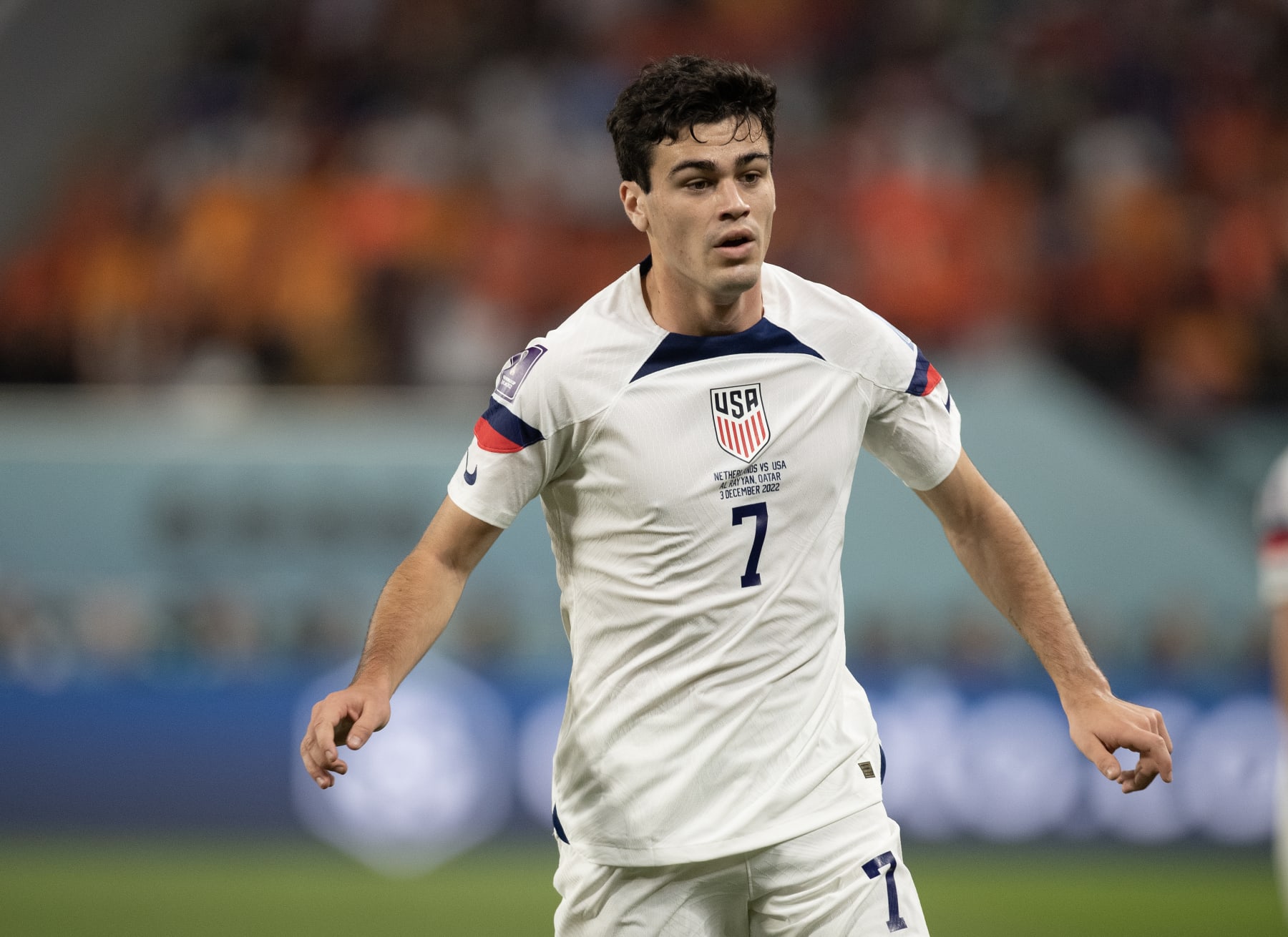DOHA, QATAR - DECEMBER 03:  Giovanni Reyna of USA  during the FIFA World Cup Qatar 2022 Round of 16 match between Netherlands and USA at Khalifa International Stadium on December 03, 2022 in Doha, Qatar. (Photo by Visionhaus/Getty Images)