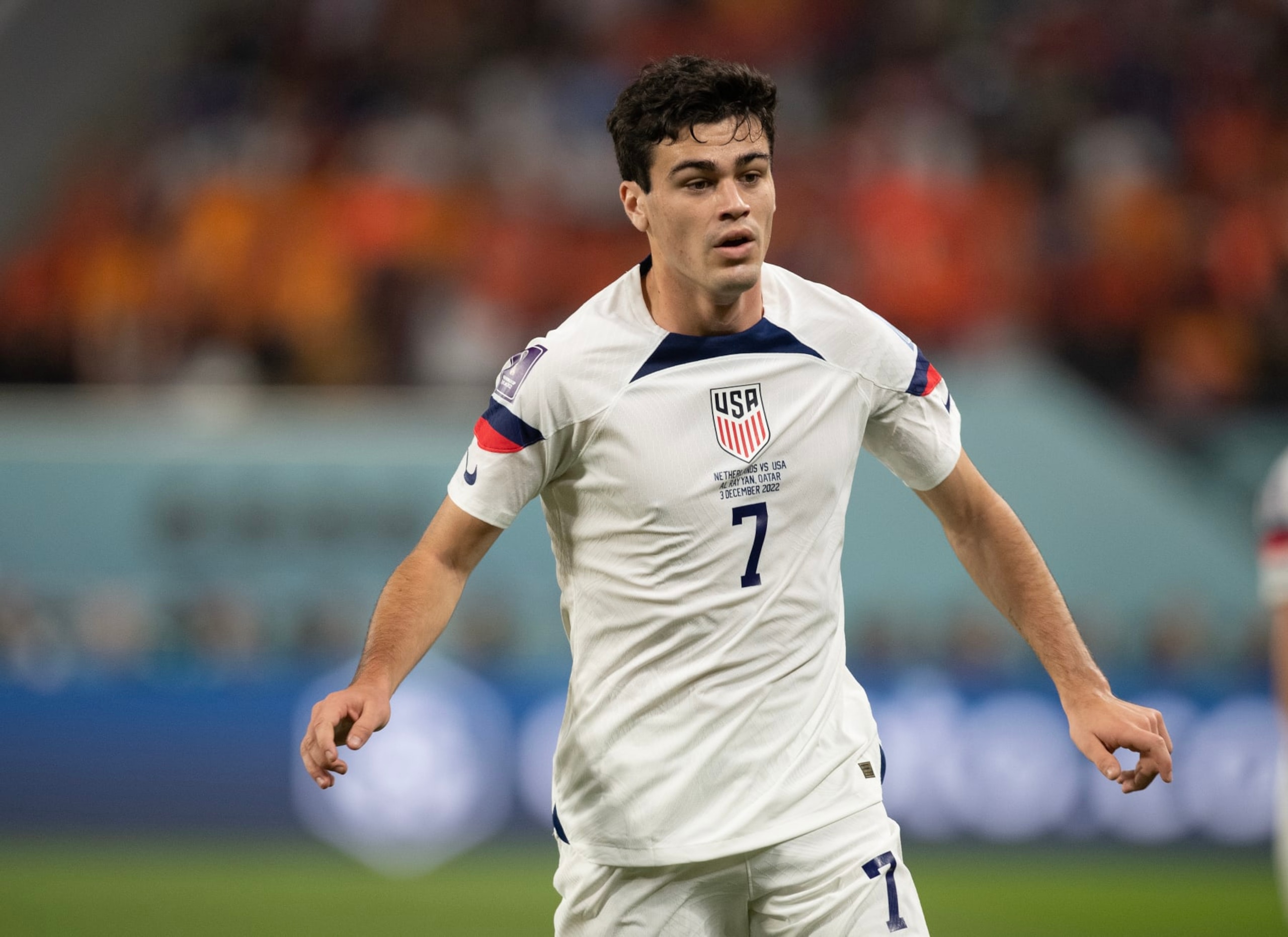 DOHA, QATAR - DECEMBER 03:  Giovanni Reyna of USA  during the FIFA World Cup Qatar 2022 Round of 16 match between Netherlands and USA at Khalifa International Stadium on December 03, 2022 in Doha, Qatar. (Photo by Visionhaus/Getty Images)