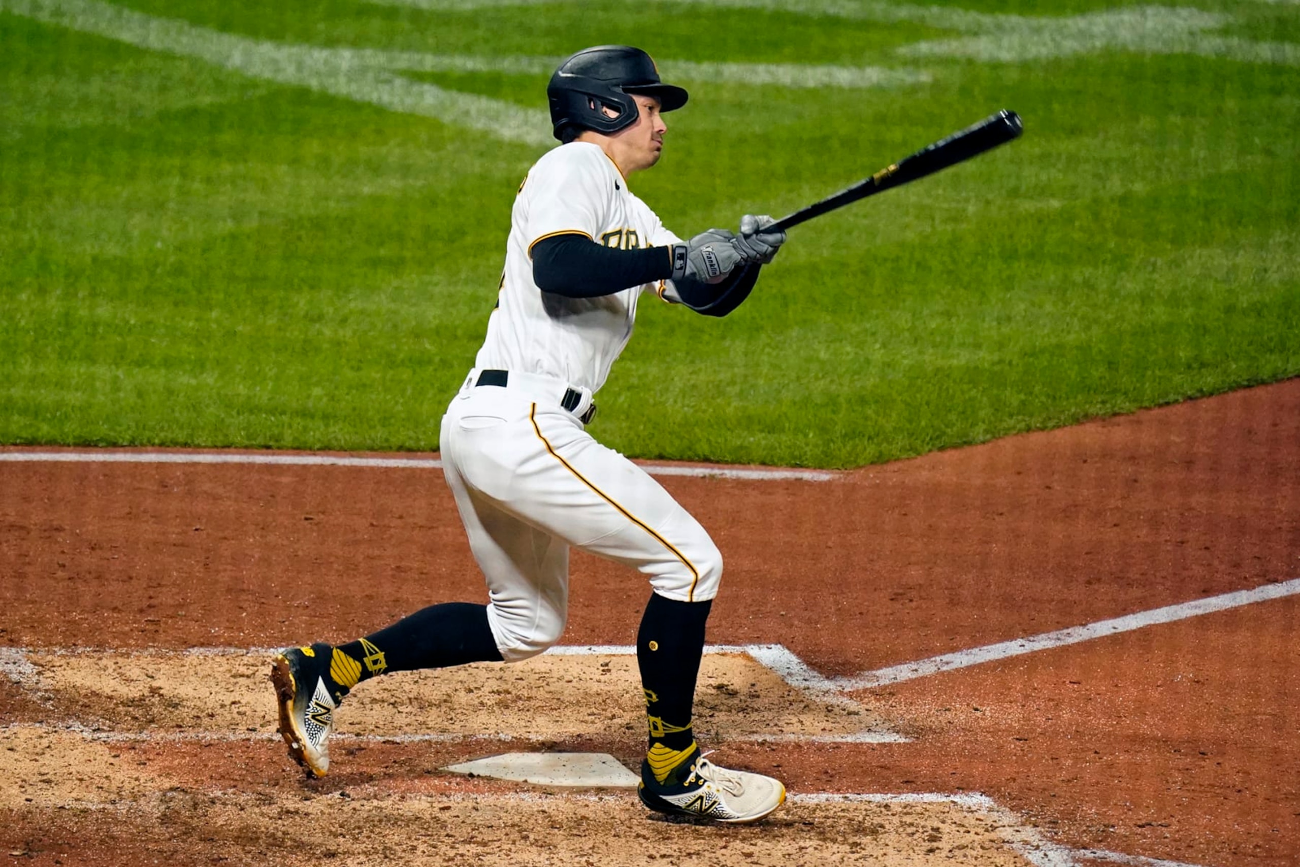 Pittsburgh Pirates' Bryan Reynolds watches his RBI single off New York Mets starting pitcher Taijuan Walker during the fifth inning of a baseball game in Pittsburgh, Tuesday, Sept. 6, 2022. (AP Photo/Gene J. Puskar)