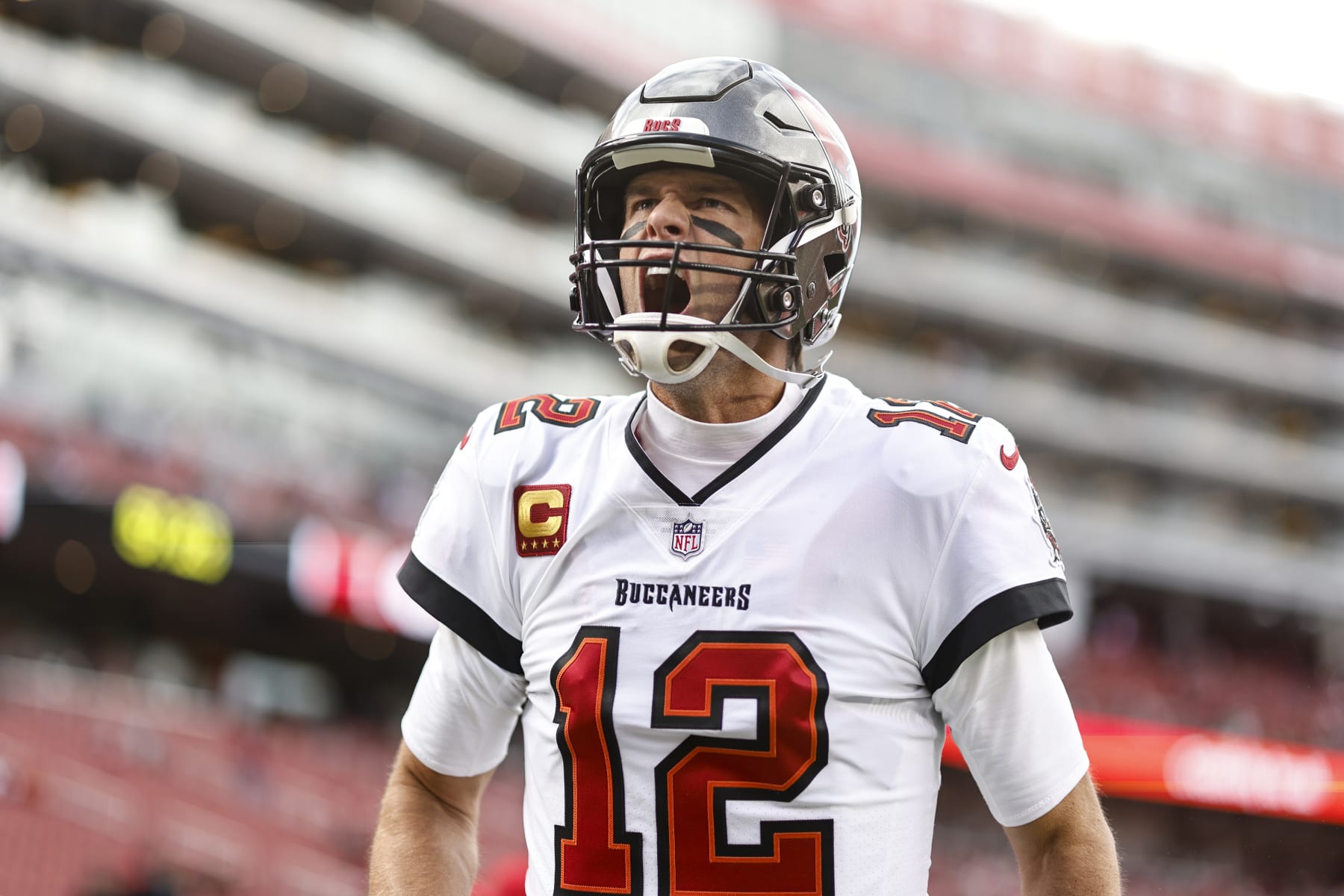 SANTA CLARA, CALIFORNIA - DECEMBER 11: Tom Brady #12 of the Tampa Bay Buccaneers reacts prior to an NFL football game between the San Francisco 49ers and the Tampa Bay Buccaneers at Levi's Stadium on December 11, 2022 in Santa Clara, California. (Photo by Michael Owens/Getty Images)