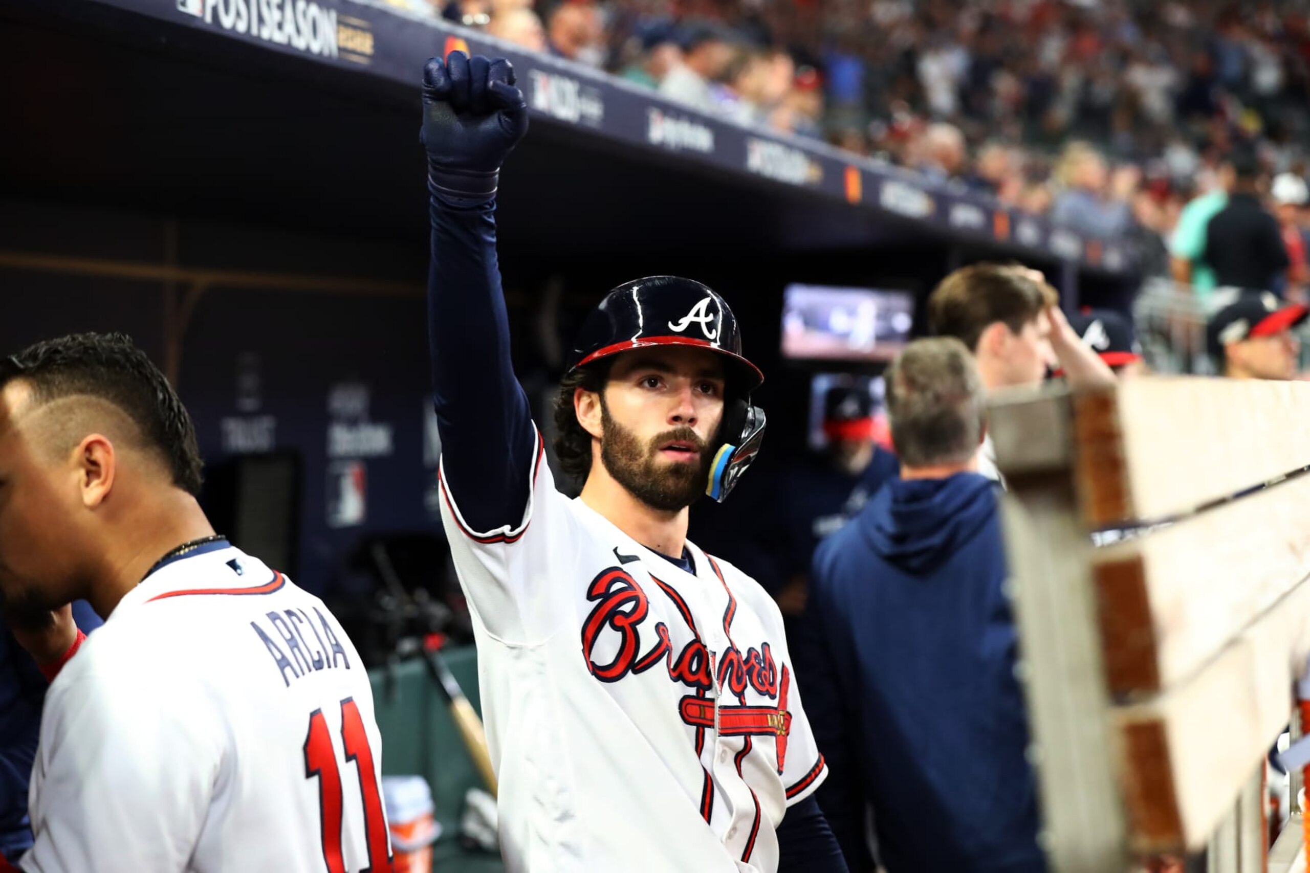 ATLANTA, GA - OCTOBER 12:  Dansby Swanson #7 of the Atlanta Braves reacts in the sixth inning during the game between the Philadelphia Phillies and the Atlanta Braves at Truist Park on Wednesday, October 12, 2022 in Atlanta, Georgia. (Photo by Curtis Compton/MLB Photos via Getty Images)