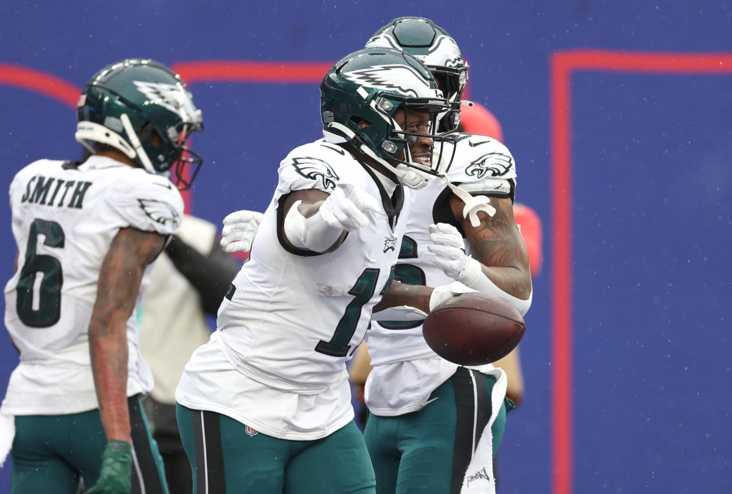EAST RUTHERFORD, NEW JERSEY - DECEMBER 11: A.J. Brown #11 of the Philadelphia Eagles celebrates after a touchdown during the second quarter of the game against the New York Giants at MetLife Stadium on December 11, 2022 in East Rutherford, New Jersey. (Photo by Al Bello/Getty Images) EAST RUTHERFORD, NEW JERSEY - DECEMBER 11: A.J. Brown #11 of the Philadelphia Eagles celebrates after a touchdown during the second quarter of the game against the New York Giants at MetLife Stadium on December 11, 2022 in East Rutherford, New Jersey. (Photo by Al Bello/Getty Images)