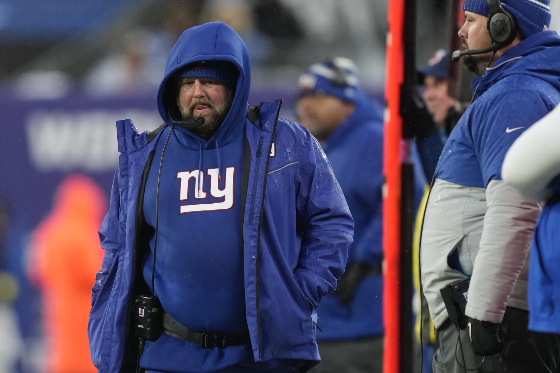 New York Giants head coach Brian Daboll walks the sidelines during the fourth quarter of an NFL football game against the Philadelphia Eagles, Sunday, Dec. 11, 2022, in East Rutherford, N.J. (AP Photo/Bryan Woolston)