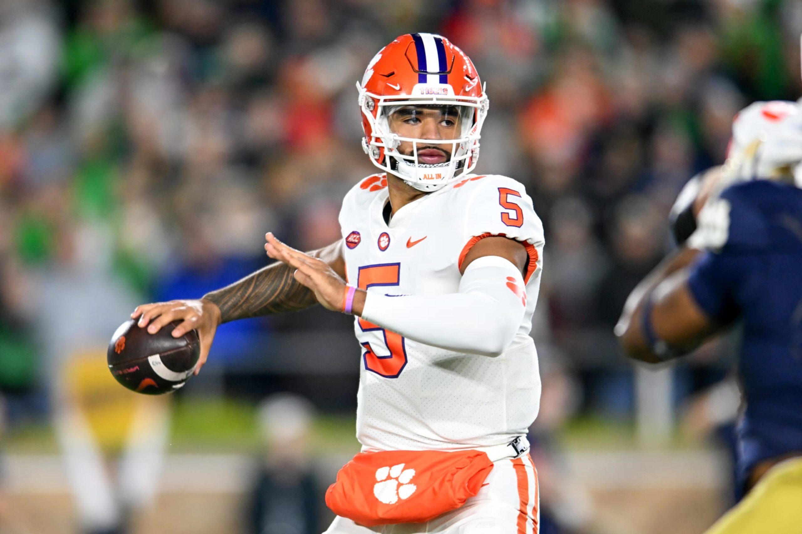 SOUTH BEND, INDIANA - NOVEMBER 05, 2022: DJ Uiagalelei #5 of the Clemson Tigers throws a pass during the first half against the Notre Dame Fighting Irish at Notre Dame Stadium on November 5, 2022 in South Bend, Indiana. (Photo by Nick Cammett/Diamond Images via Getty Images)