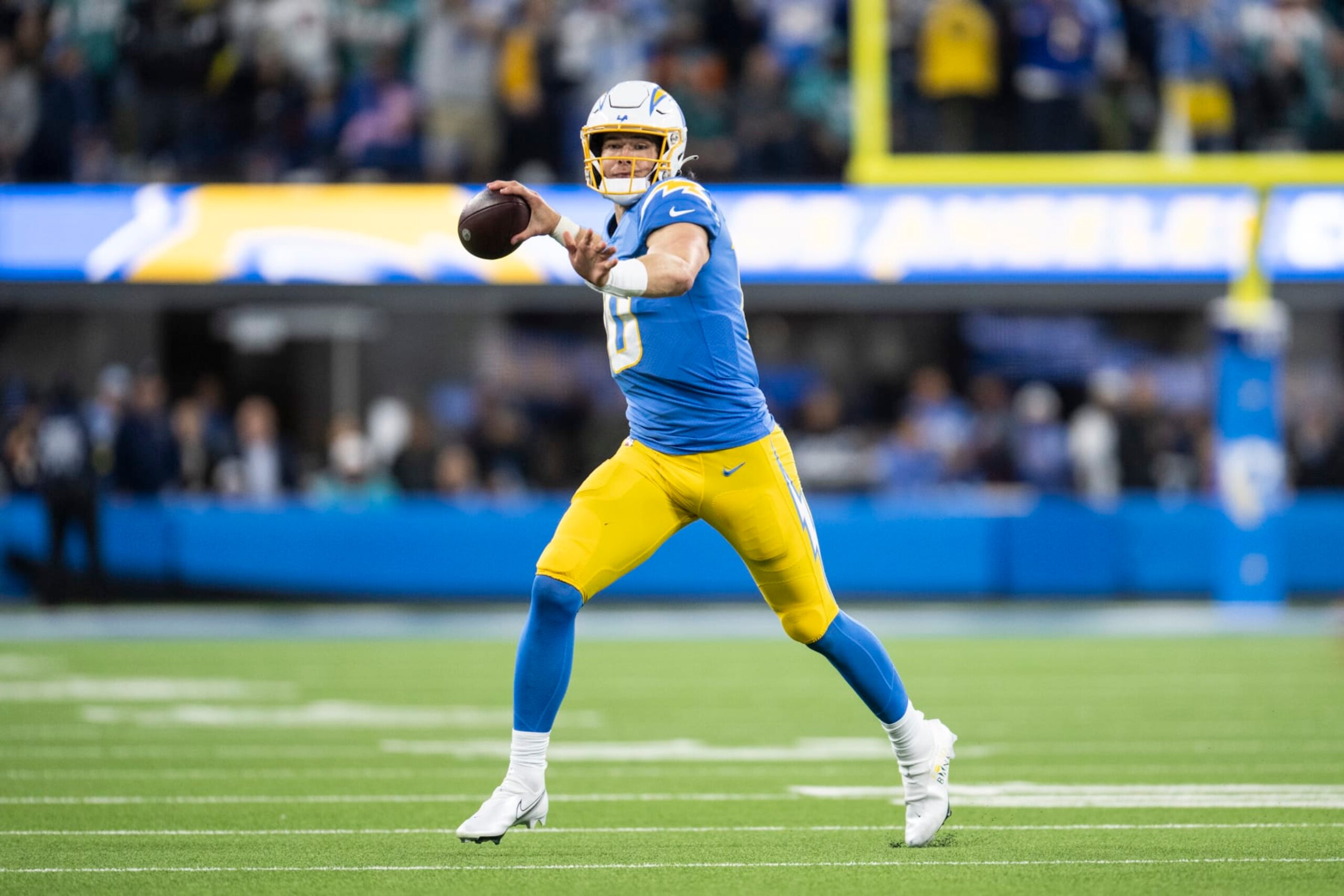Los Angeles Chargers quarterback Justin Herbert (10) throws a pass during an NFL football game against the Miami Dolphins, Sunday, Dec. 11, 2022, in Inglewood, Calif. (AP Photo/Kyusung Gong) Los Angeles Chargers quarterback Justin Herbert (10) throws a pass during an NFL football game against the Miami Dolphins, Sunday, Dec. 11, 2022, in Inglewood, Calif. (AP Photo/Kyusung Gong)