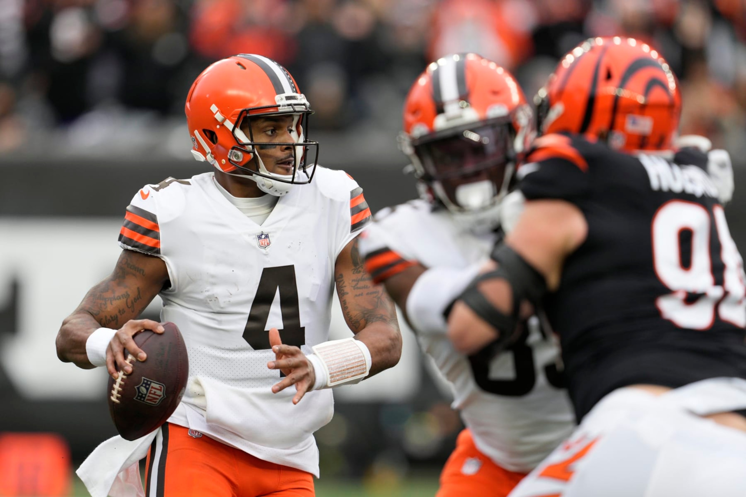 Cleveland Browns quarterback Deshaun Watson throws during the second half of an NFL football game against the Cincinnati Bengals, Sunday, Dec. 11, 2022, in Cincinnati. (AP Photo/Jeff Dean)