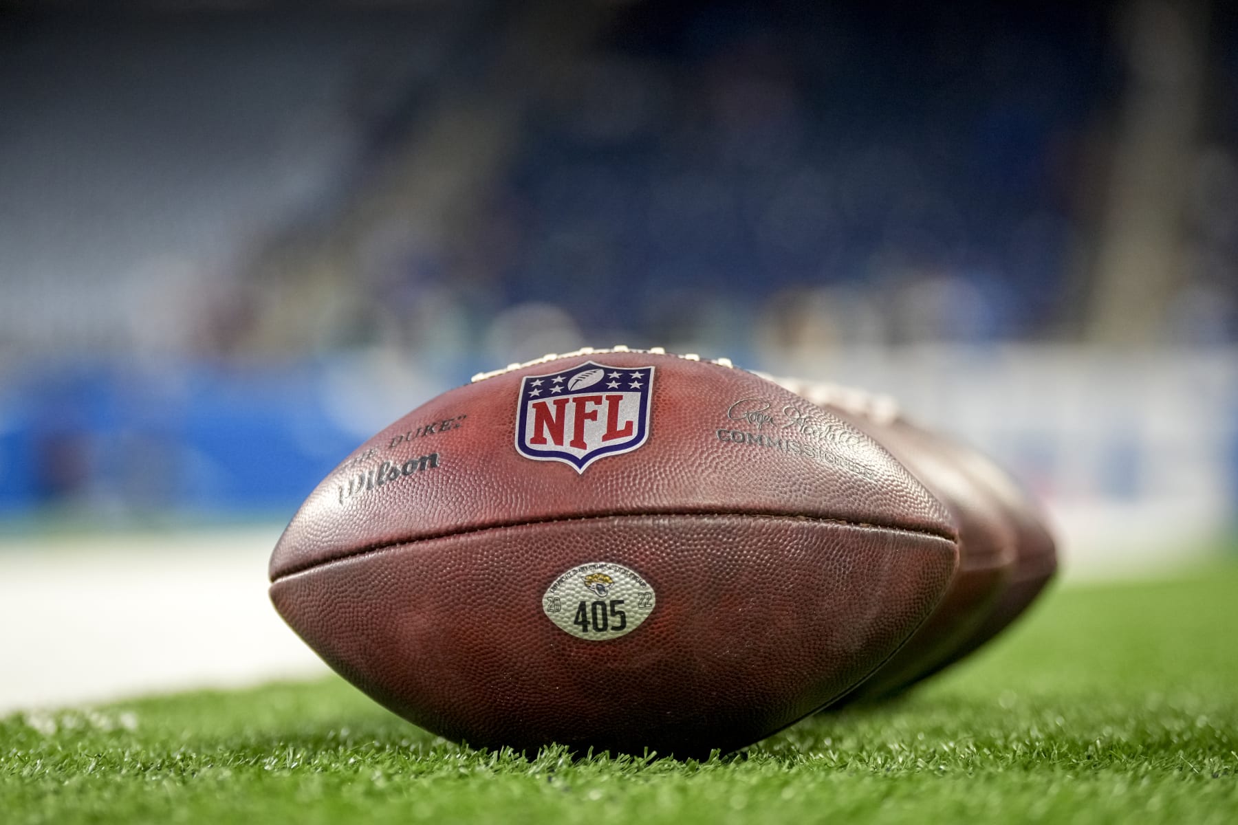 DETROIT, MICHIGAN - DECEMBER 04: Wilson brand footballs are pictured with the NFL logo before the game between the Detroit Lions and Jacksonville Jaguars at Ford Field on December 04, 2022 in Detroit, Michigan. (Photo by Nic Antaya/Getty Images)