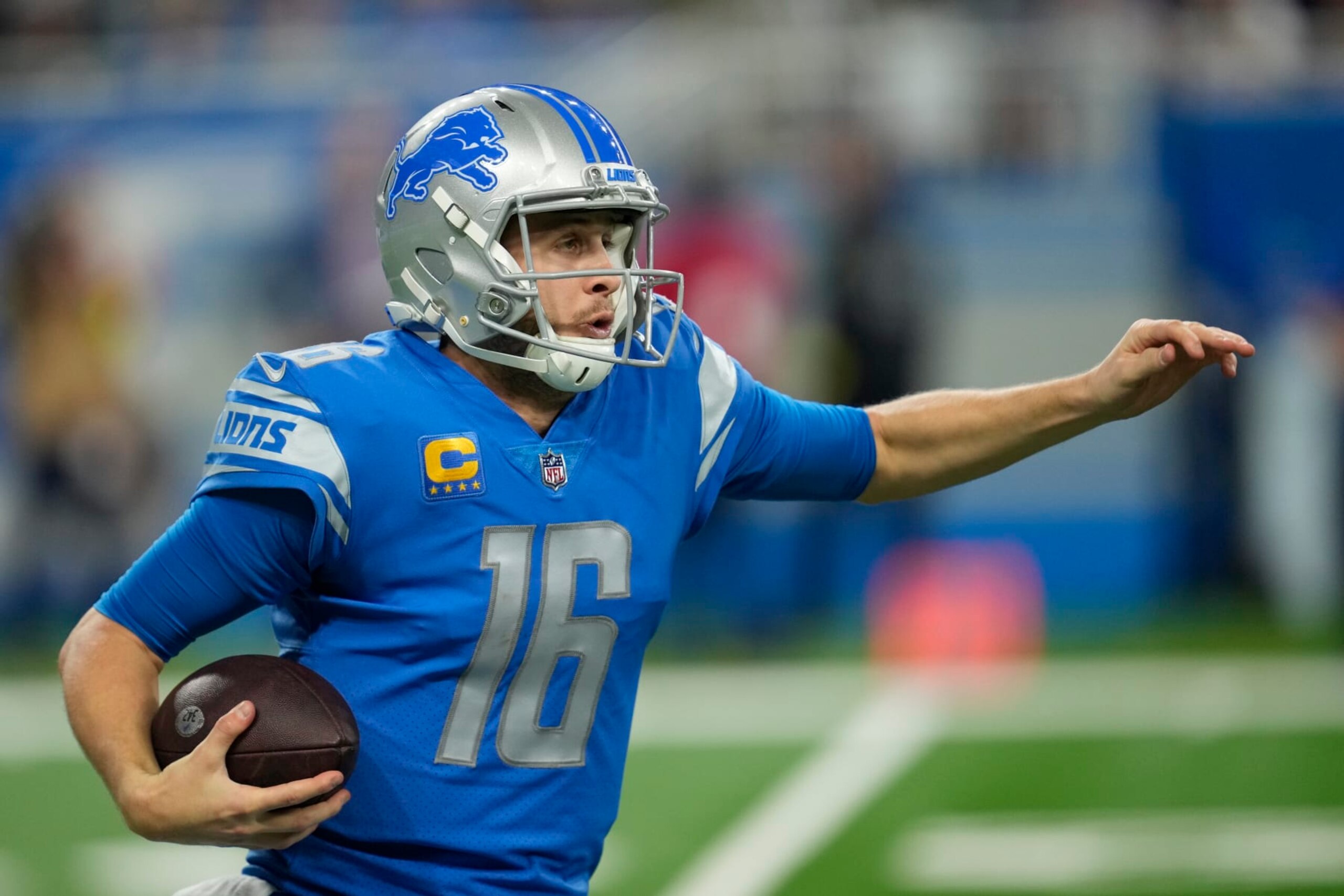 Detroit Lions' Jared Goff runs during the second half of an NFL football game against the Minnesota Vikings Sunday, Dec. 11, 2022, in Detroit. (AP Photo/Paul Sancya)