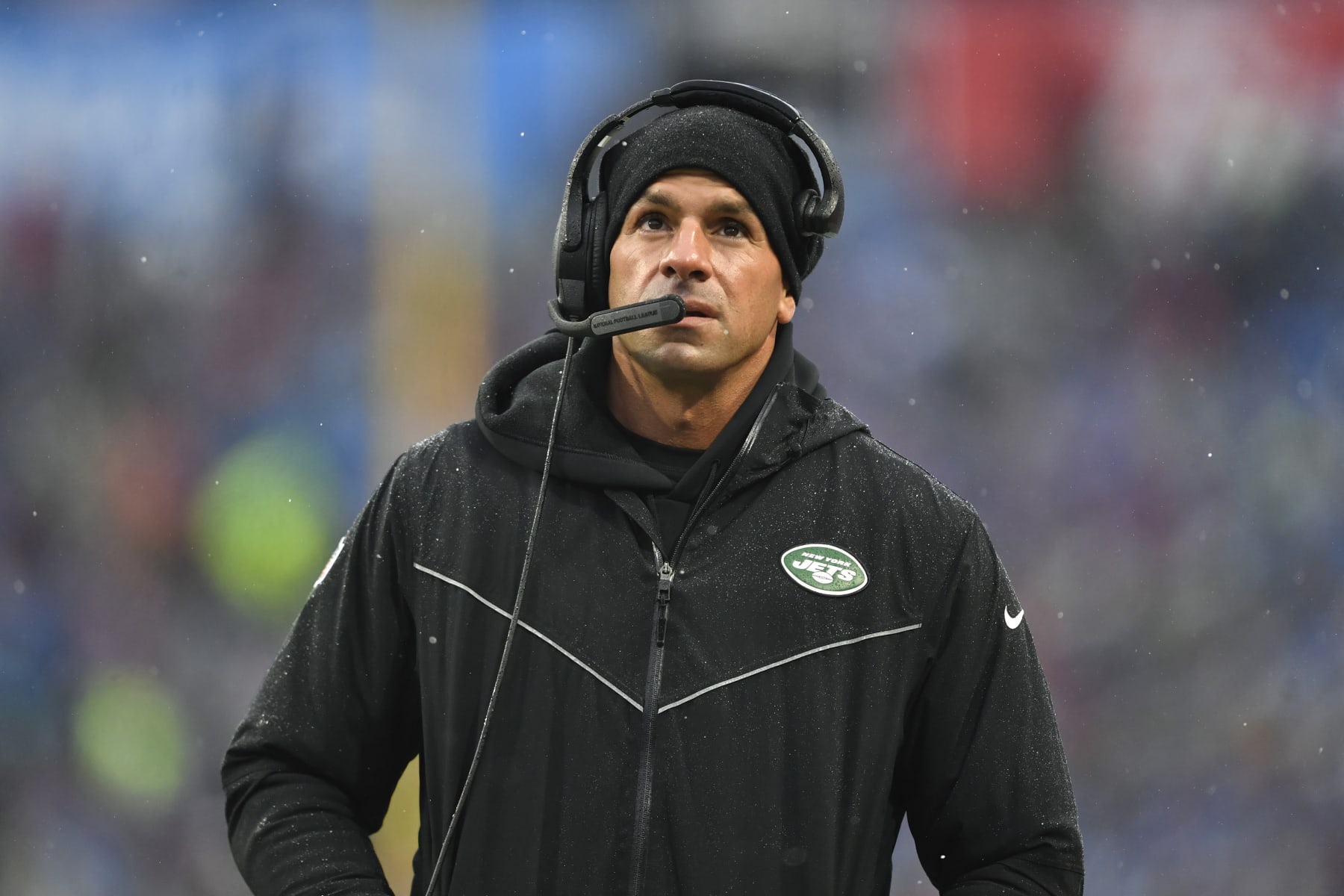 New York Jets head coach Robert Saleh looks up from the sidelines during the first half of an NFL football game against the Buffalo Bills, Sunday, Dec. 11, 2022, in Orchard Park, N.Y. (AP Photo/Adrian Kraus)