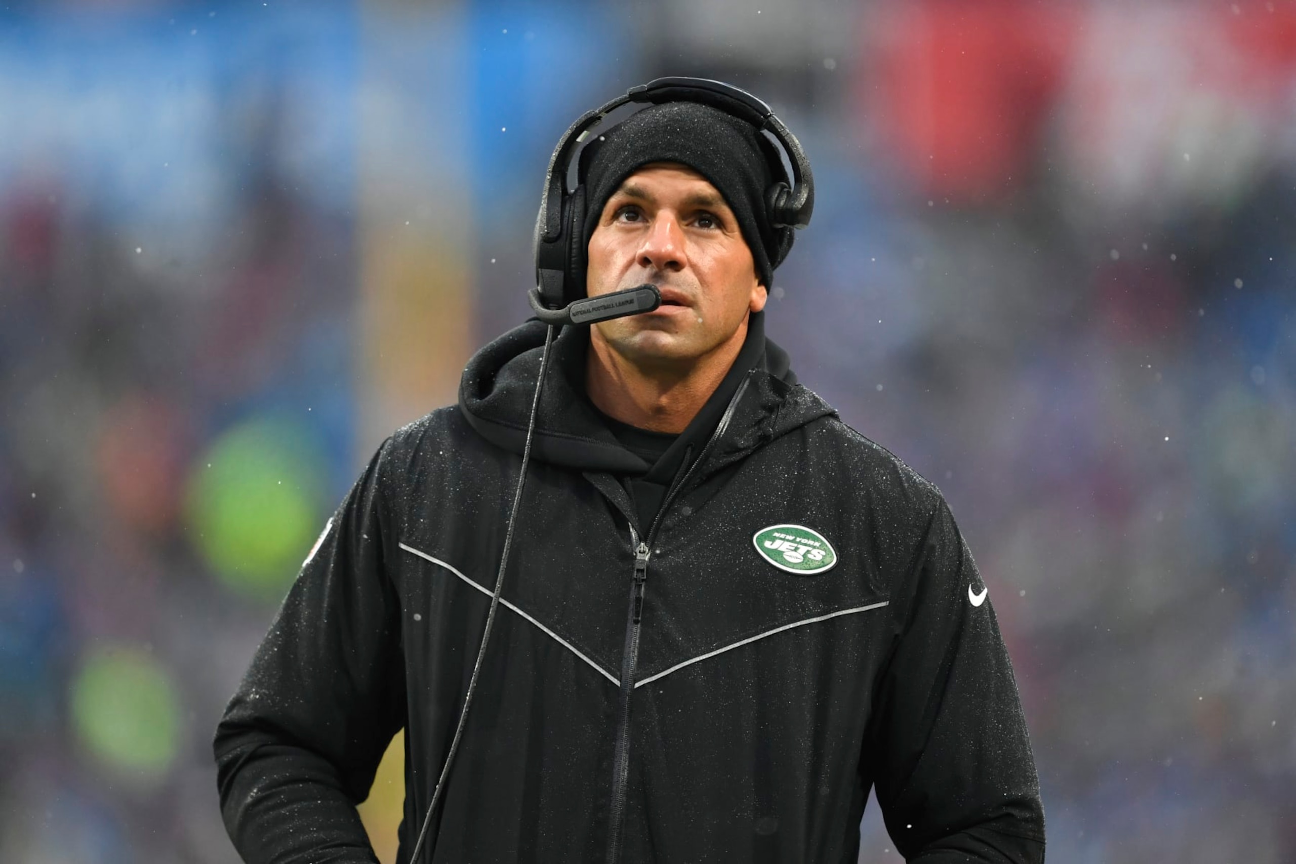 New York Jets head coach Robert Saleh looks up from the sidelines during the first half of an NFL football game against the Buffalo Bills, Sunday, Dec. 11, 2022, in Orchard Park, N.Y. (AP Photo/Adrian Kraus)