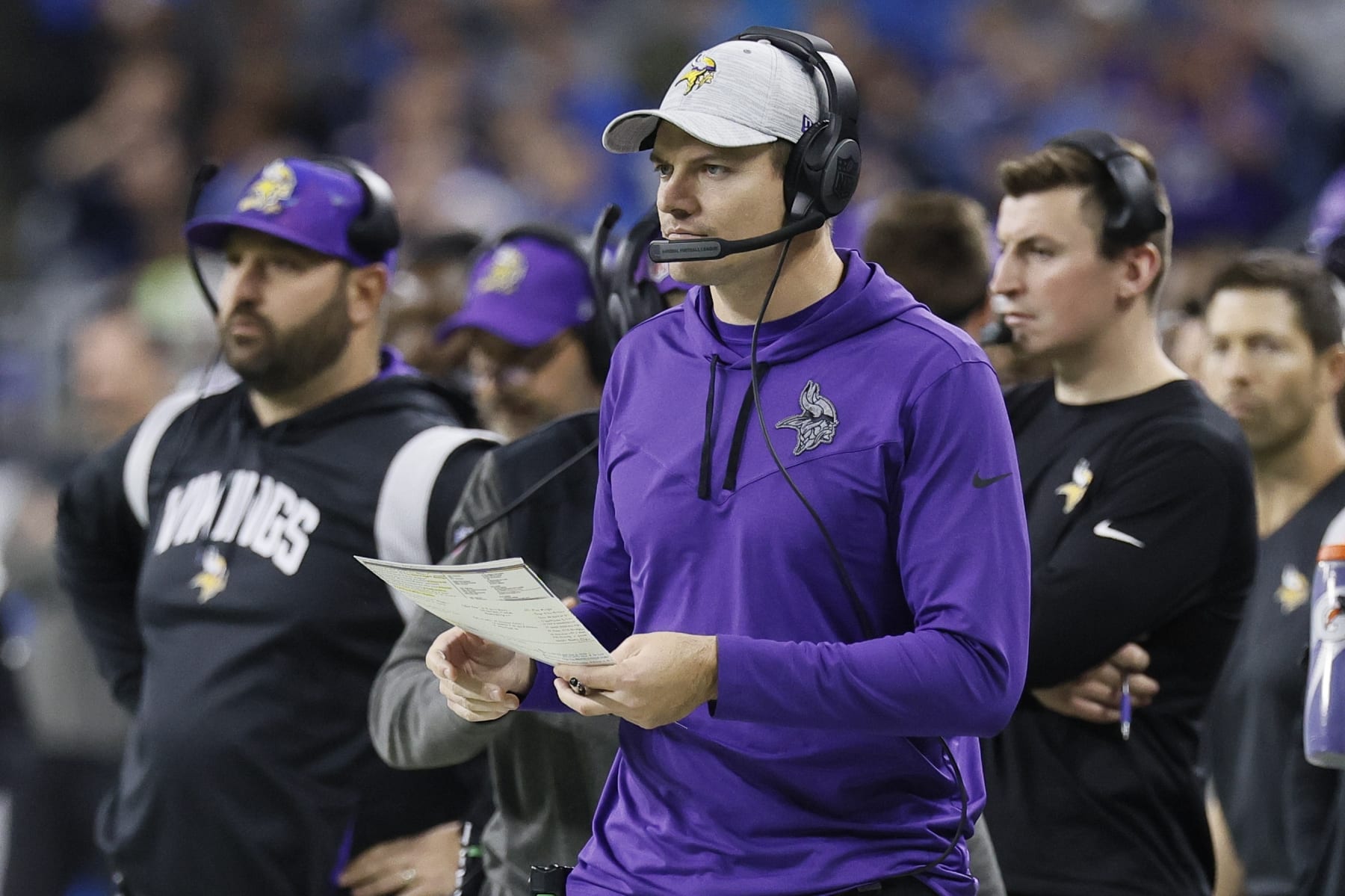 Minnesota Vikings head coach Kevin O'Connell is seen during the first half of an NFL football game against the Detroit Lions Sunday, Dec. 11, 2022, in Detroit. (AP Photo/Duane Burleson)