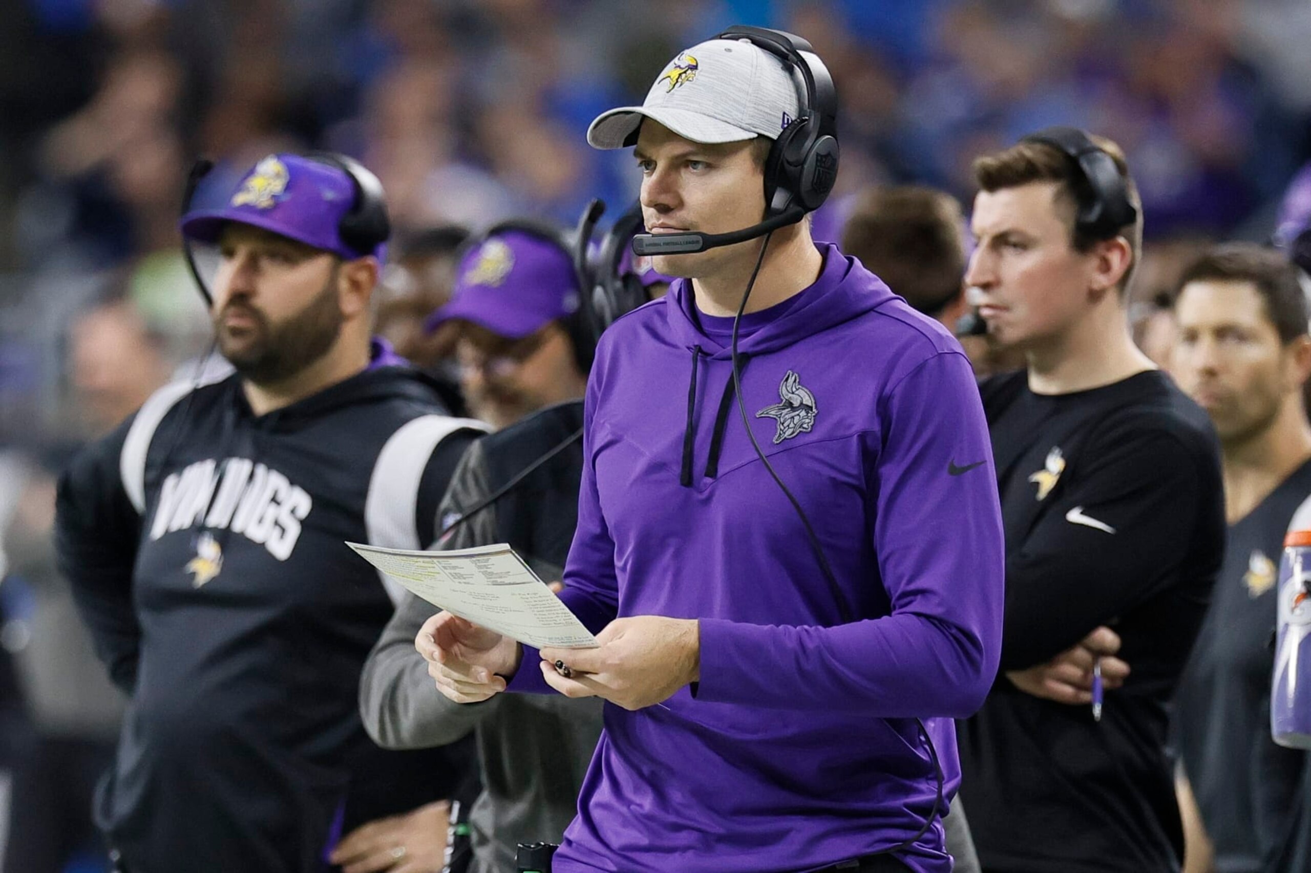 Minnesota Vikings head coach Kevin O'Connell is seen during the first half of an NFL football game against the Detroit Lions Sunday, Dec. 11, 2022, in Detroit. (AP Photo/Duane Burleson)