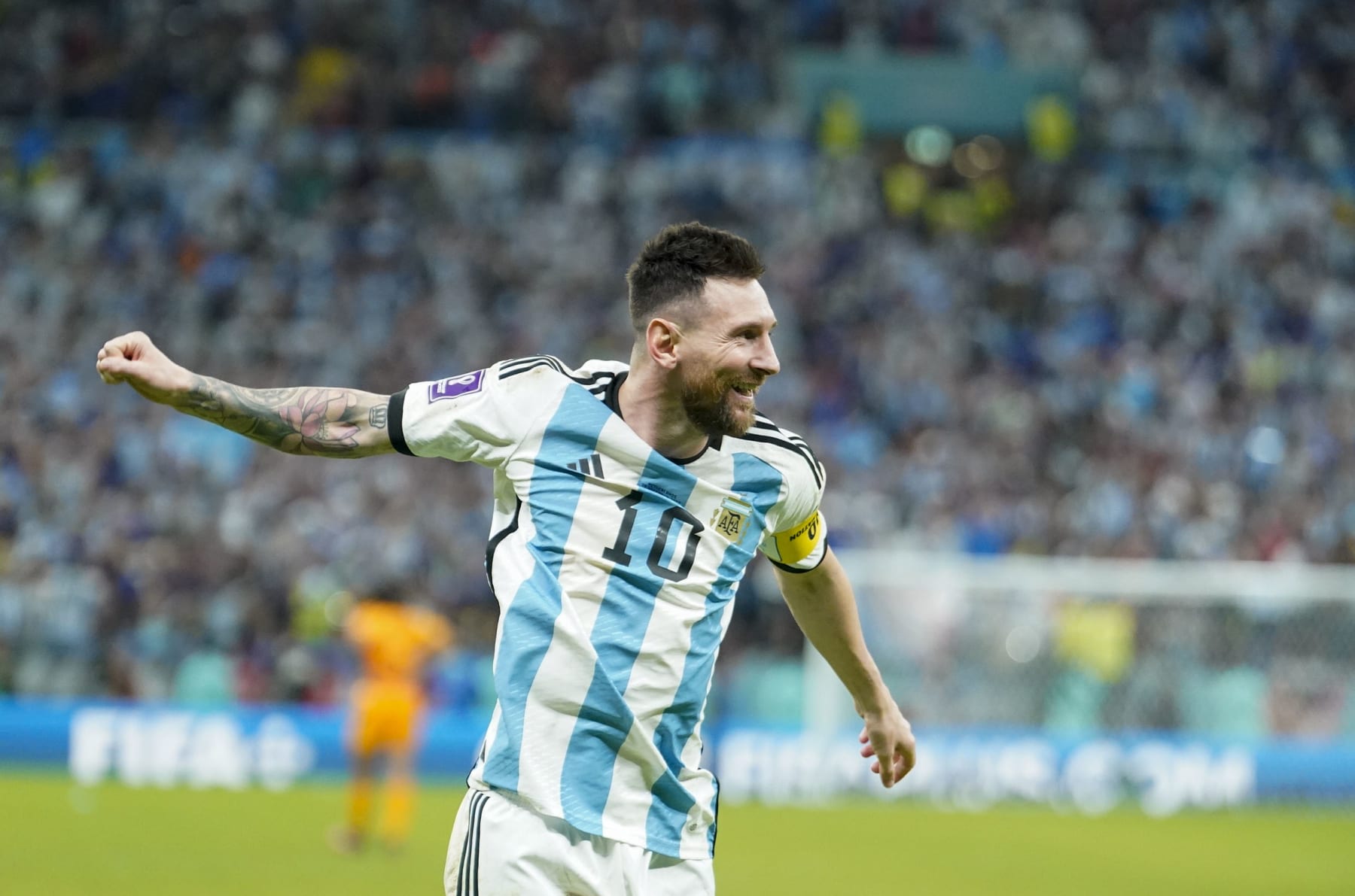 LUSAIL,  - DECEMBER 10: Argentina forward Lionel Messi (10) celebrates after defeating the Netherlands in a shootout to win the quarterfinal FIFA World Cup 2022 match at Lusail Stadium in Lusail on Friday, December 9, 2022. (Photo by Jabin Botsford/The Washington Post via Getty Images)