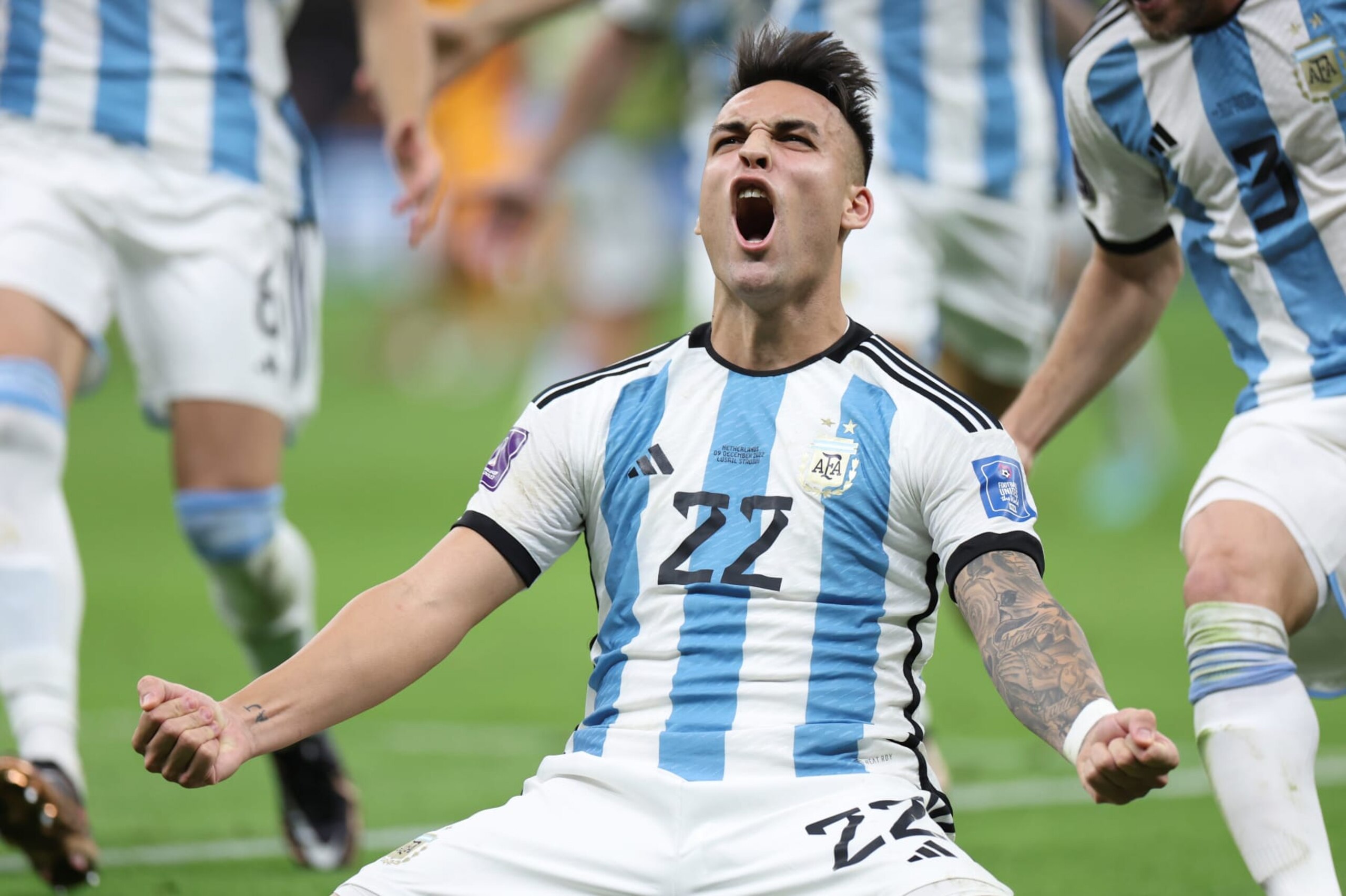 Lautaro Martinez of Argentina celebrates after the Quarterfinal between the Netherlands and Argentina of the 2022 FIFA World Cup at Lusail Stadium in Lusail, Qatar, Dec. 9, 2022. (Photo by Cao Can/Xinhua via Getty Images)