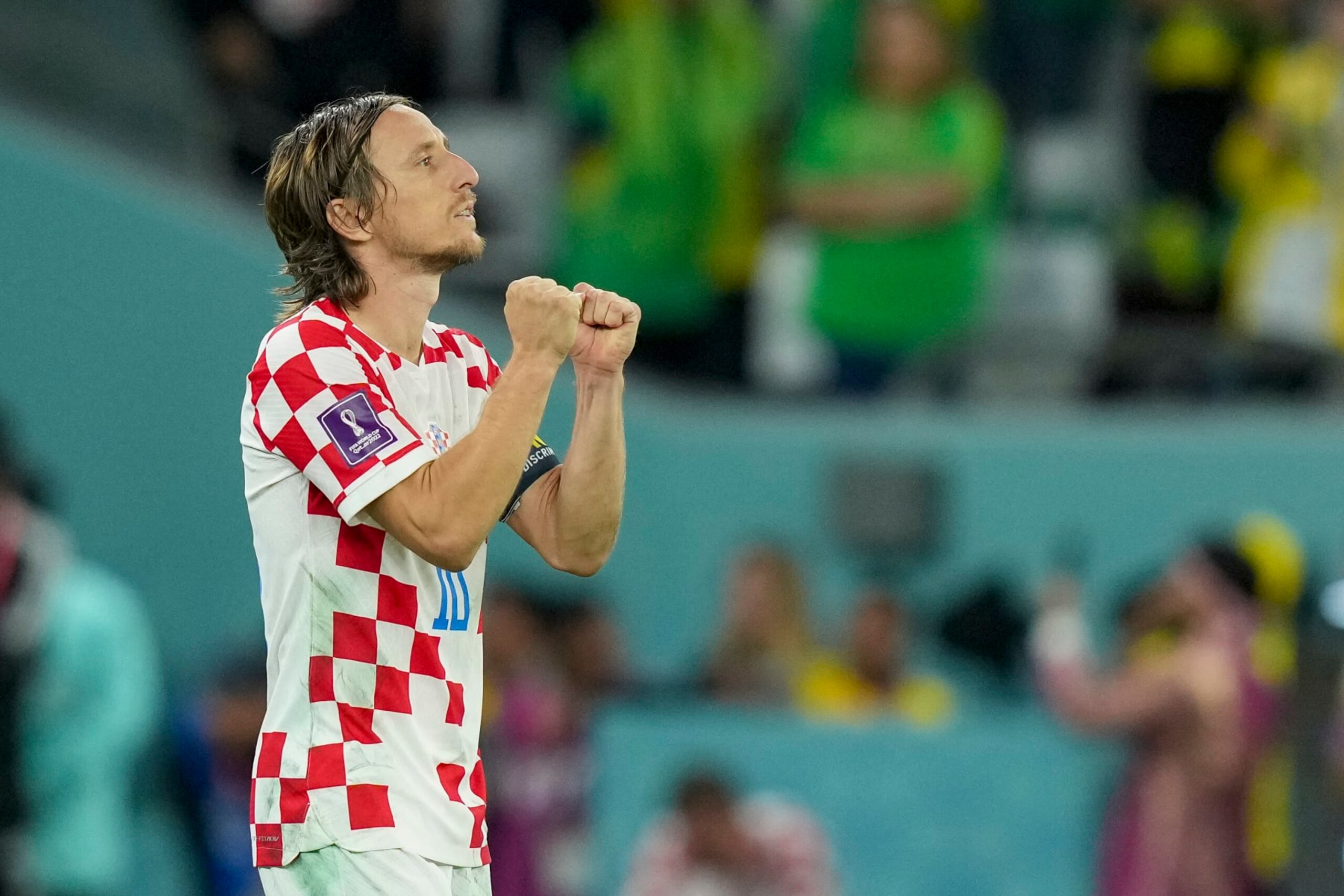 AL RAYYAN, QATAR - DECEMBER 09: Luka Modric of Croatia celebrates during the penalty shootout during the FIFA World Cup Qatar 2022 quarter final match between Croatia and Brazil at Education City Stadium on December 9, 2022 in Al Rayyan, Qatar. (Photo by Mohammad Karamali/DeFodi Images via Getty Images)