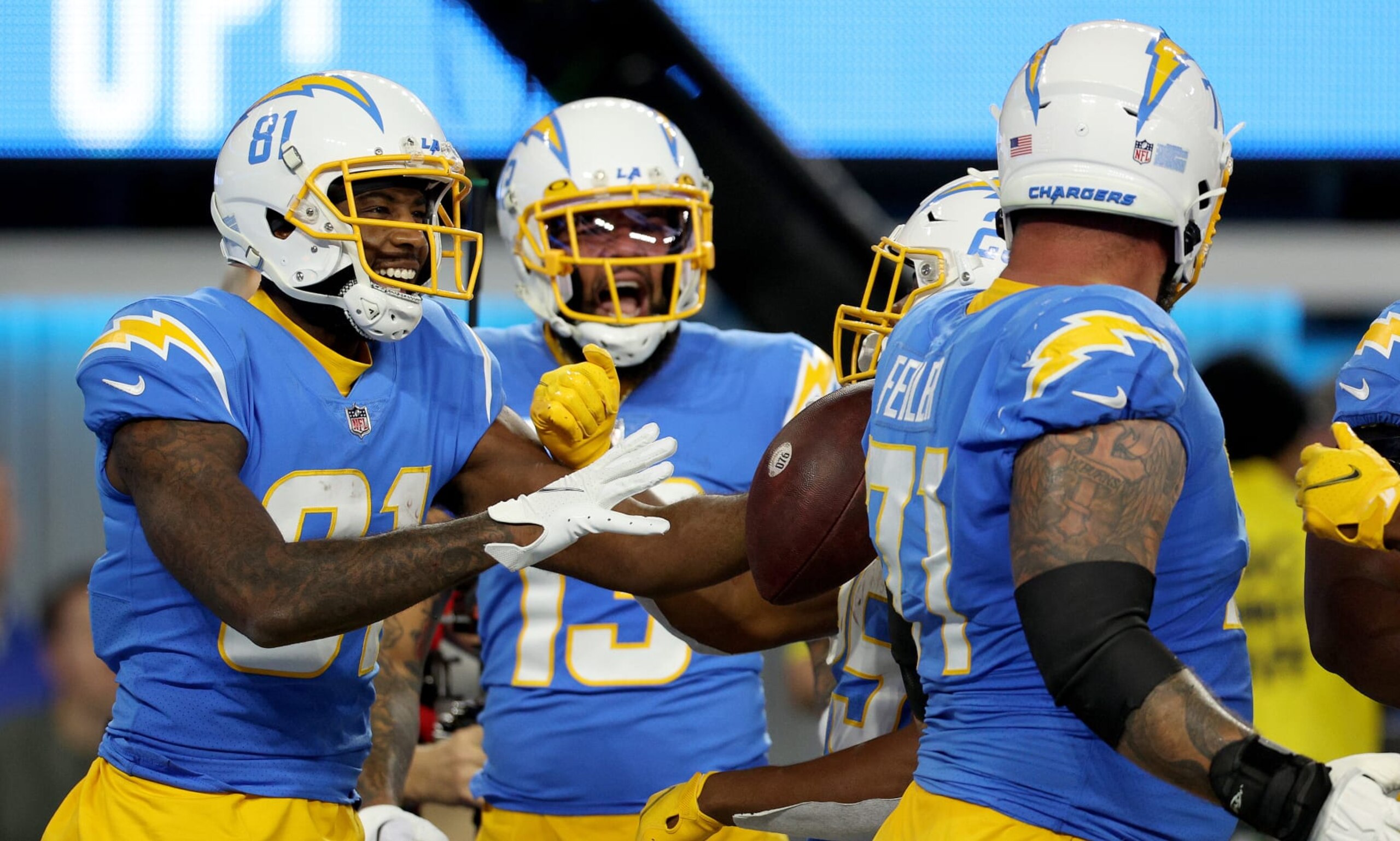INGLEWOOD, CALIFORNIA - DECEMBER 11: Mike Williams #81 of the Los Angeles Chargers celebrates a touchdown in the first quarter during a game  at SoFi Stadium on December 11, 2022 in Inglewood, California. (Photo by Harry How/Getty Images)