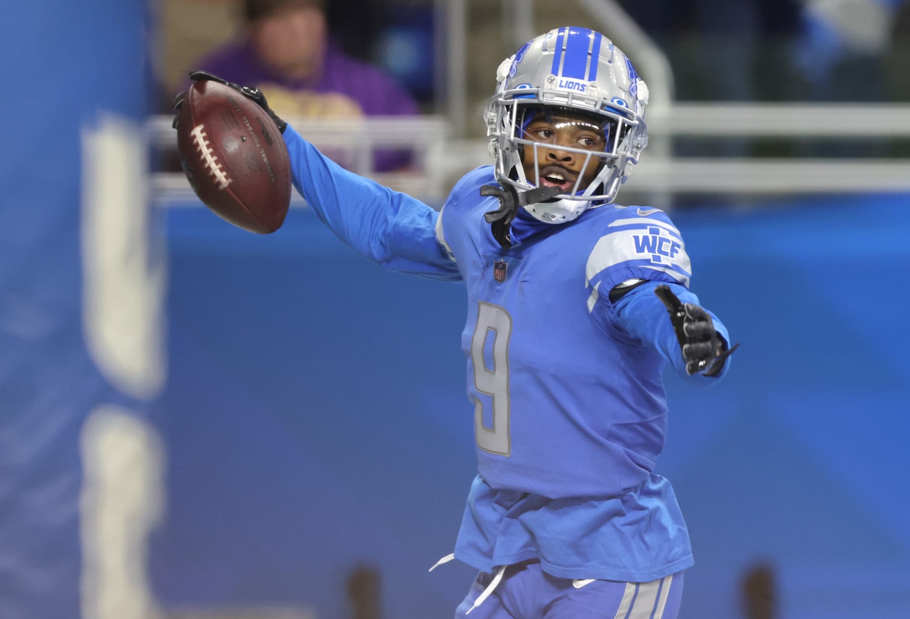 DETROIT, MICHIGAN - DECEMBER 11: Jameson Williams #9 of the Detroit Lions celebrates after scoring a touchdown during the first half of the game against the Minnesota Vikings at Ford Field on December 11, 2022 in Detroit, Michigan. (Photo by Mike Mulholland/Getty Images)