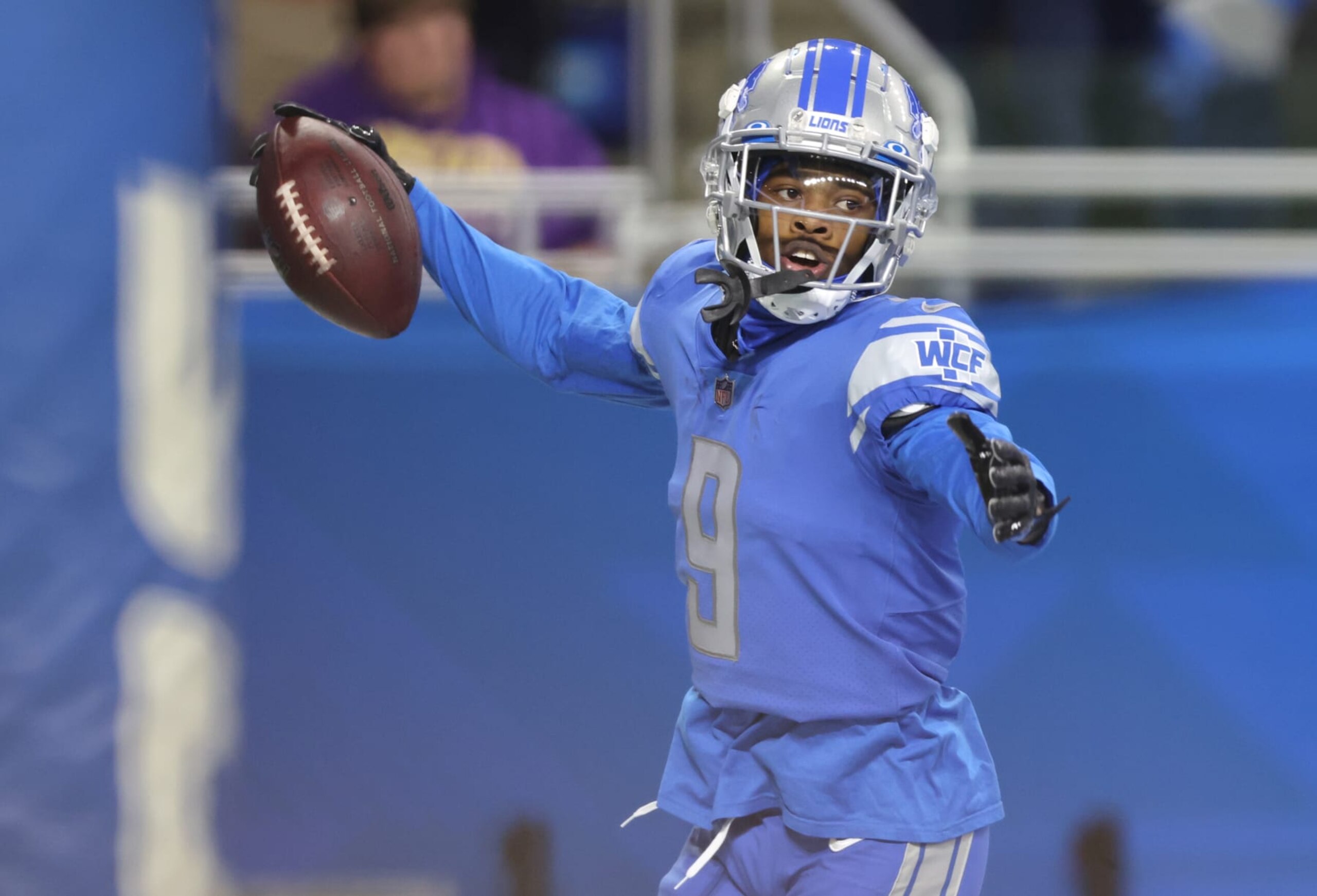 DETROIT, MICHIGAN - DECEMBER 11: Jameson Williams #9 of the Detroit Lions celebrates after scoring a touchdown during the first half of the game against the Minnesota Vikings at Ford Field on December 11, 2022 in Detroit, Michigan. (Photo by Mike Mulholland/Getty Images)