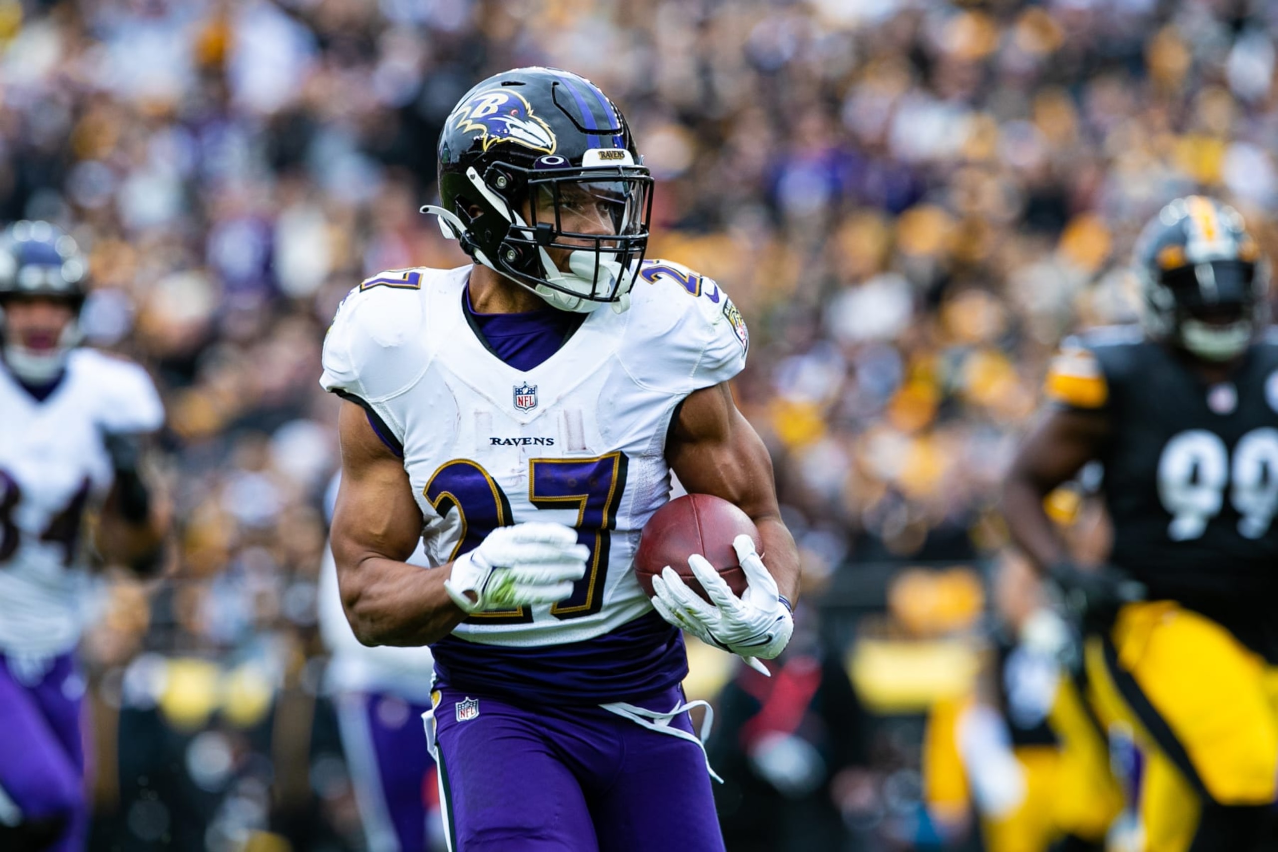 PITTSBURGH, PA - DECEMBER 11: Baltimore Ravens running back J.K. Dobbins (27) runs with the ball during the national football league game between the Baltimore Ravens and the Pittsburgh Steelers on December 11, 2022 at Acrisure Stadium in Pittsburgh, PA. (Photo by Mark Alberti/Icon Sportswire via Getty Images)