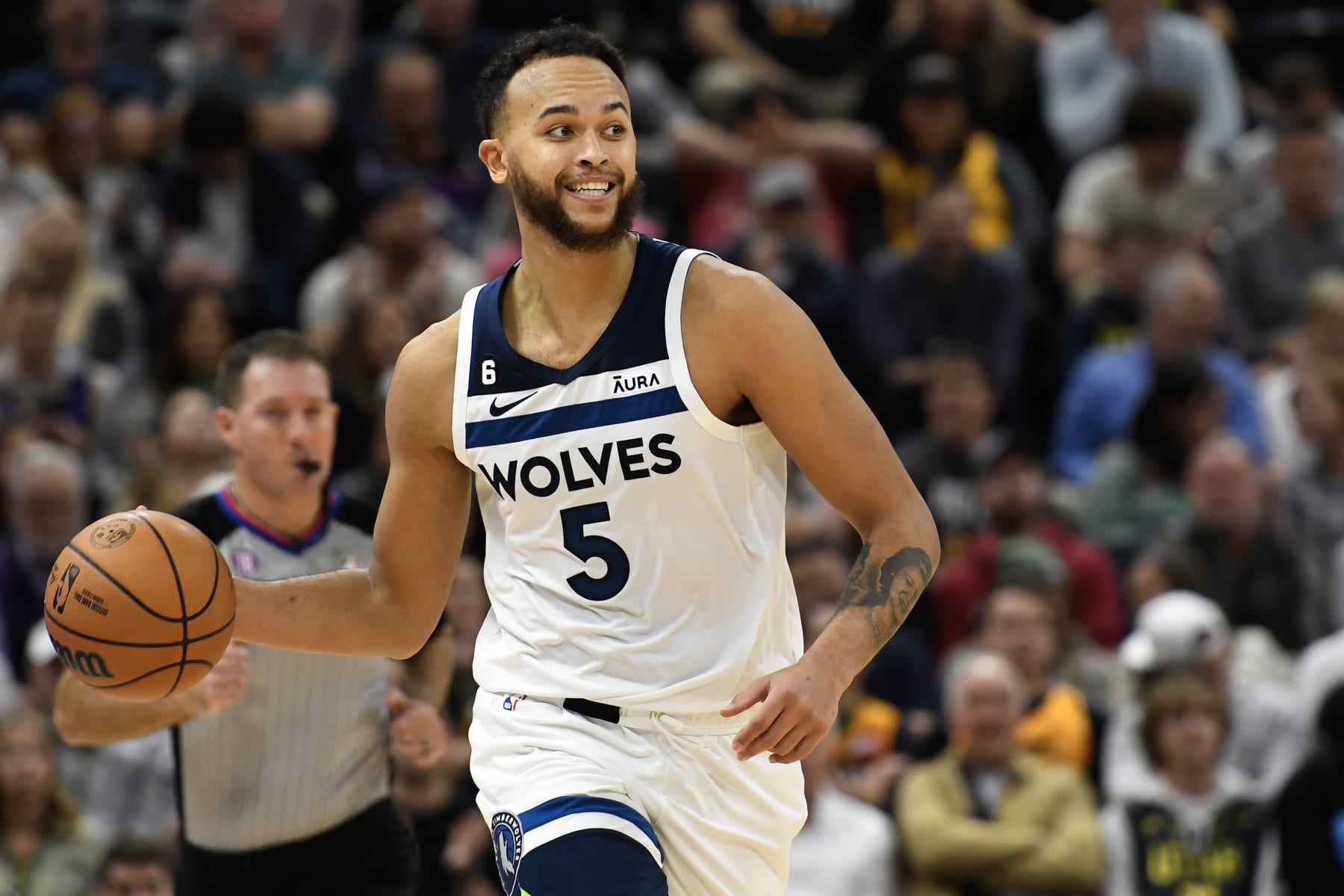 SALT LAKE CITY, UTAH - DECEMBER 09: Kyle Anderson #5 of the Minnesota Timberwolves in action during the second half of a game against the Utah Jazz at Vivint Arena on December 09, 2022 in Salt Lake City, Utah. NOTE TO USER: User expressly acknowledges and agrees that, by downloading and or using this photograph, User is consenting to the terms and conditions of the Getty Images License Agreement. (Photo by Alex Goodlett/Getty Images)