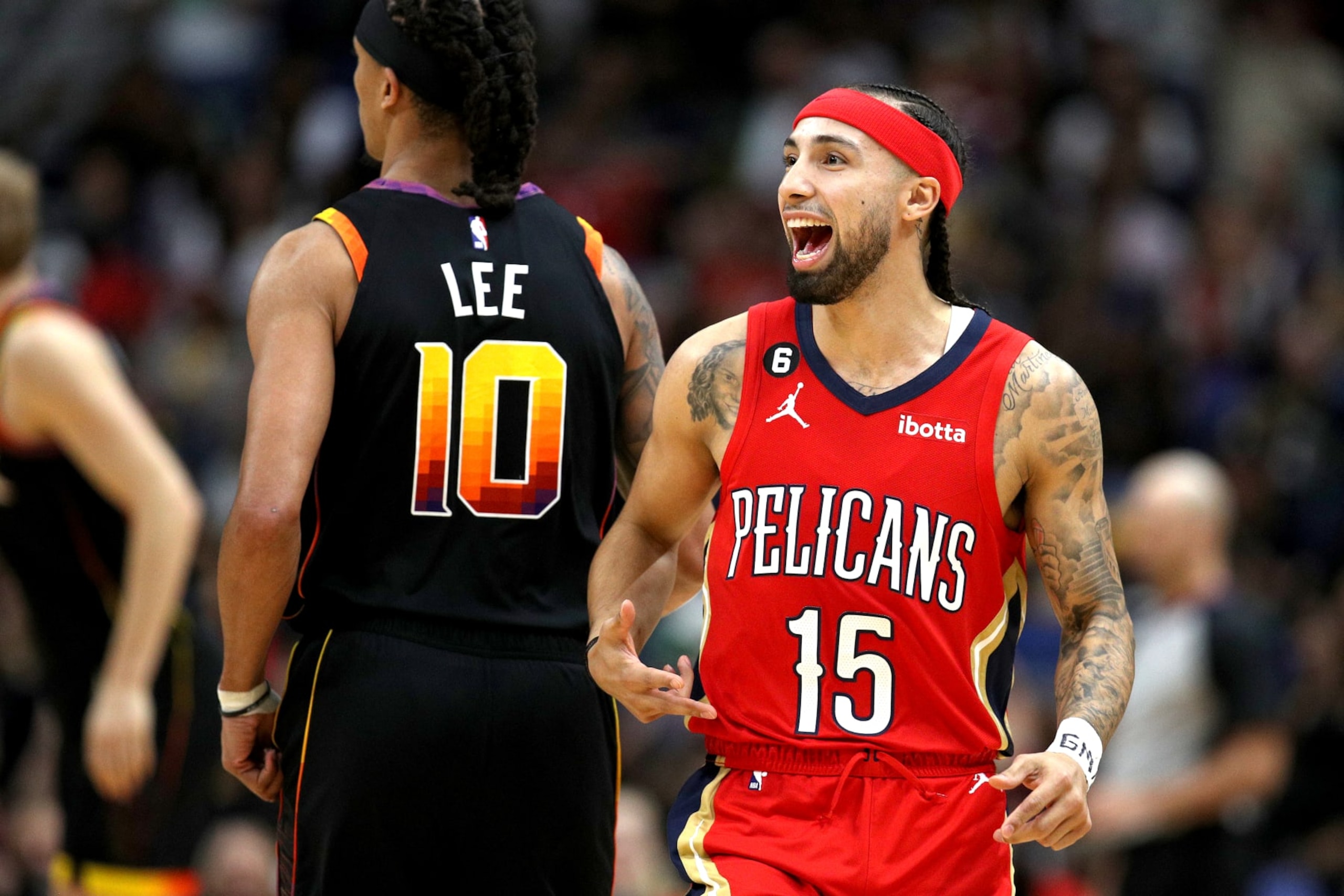 NEW ORLEANS, LOUISIANA - DECEMBER 09: Jose Alvarado #15 of the New Orleans Pelicans reacts after scoring a three-point basket during the first quarter of an NBA game against the Phoenix Suns at Smoothie King Center on December 09, 2022 in New Orleans, Louisiana. NOTE TO USER: User expressly acknowledges and agrees that, by downloading and or using this photograph, User is consenting to the terms and conditions of the Getty Images License Agreement. (Photo by Sean Gardner/Getty Images)