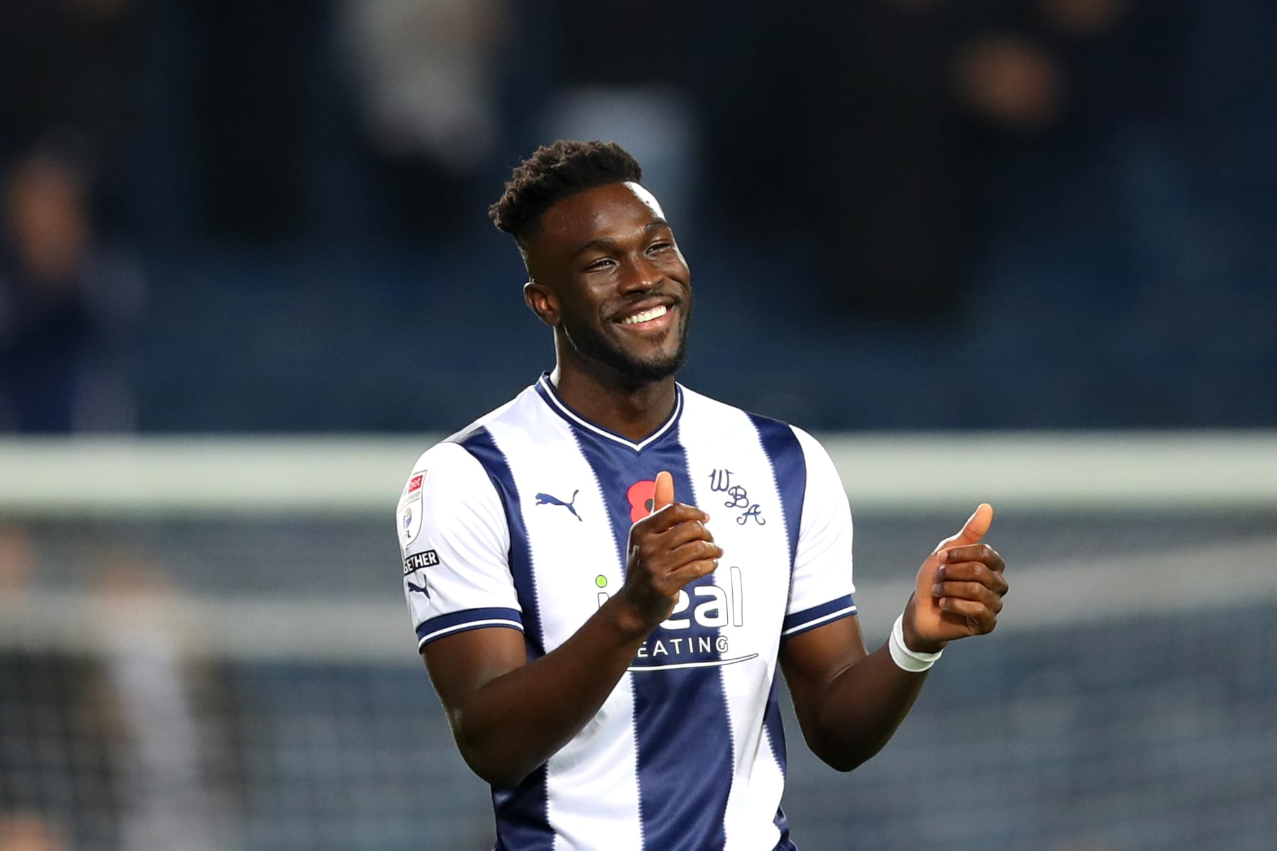WEST BROMWICH, ENGLAND - NOVEMBER 12: Daryl Dike of West Bromwich Albion celebrate victory over Stoke City during the Sky Bet Championship match between West Bromwich Albion and Stoke City at The Hawthorns on November 12, 2022 in West Bromwich, England. (Photo by Ashley Allen/Getty Images)