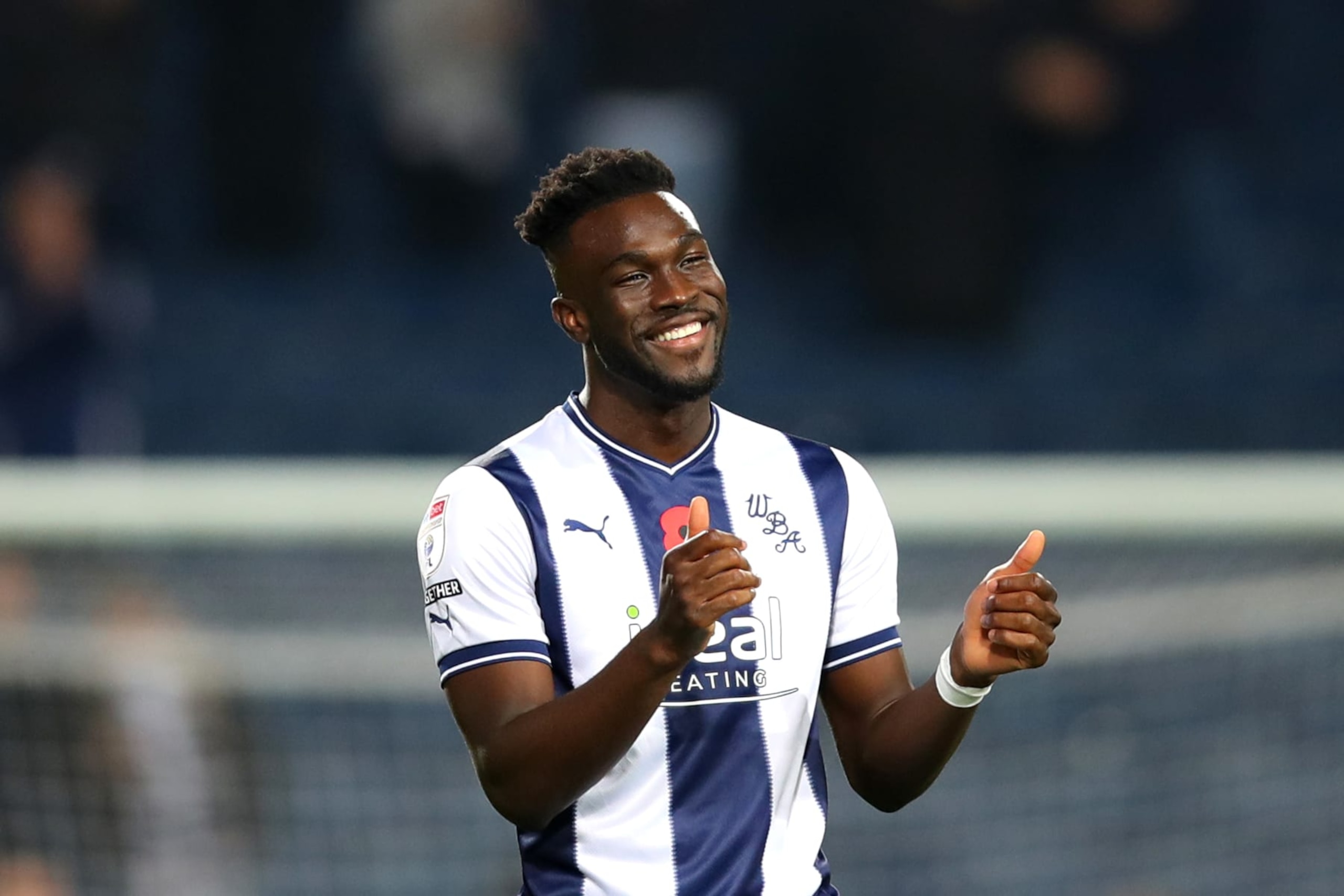 WEST BROMWICH, ENGLAND - NOVEMBER 12: Daryl Dike of West Bromwich Albion celebrate victory over Stoke City during the Sky Bet Championship match between West Bromwich Albion and Stoke City at The Hawthorns on November 12, 2022 in West Bromwich, England. (Photo by Ashley Allen/Getty Images)