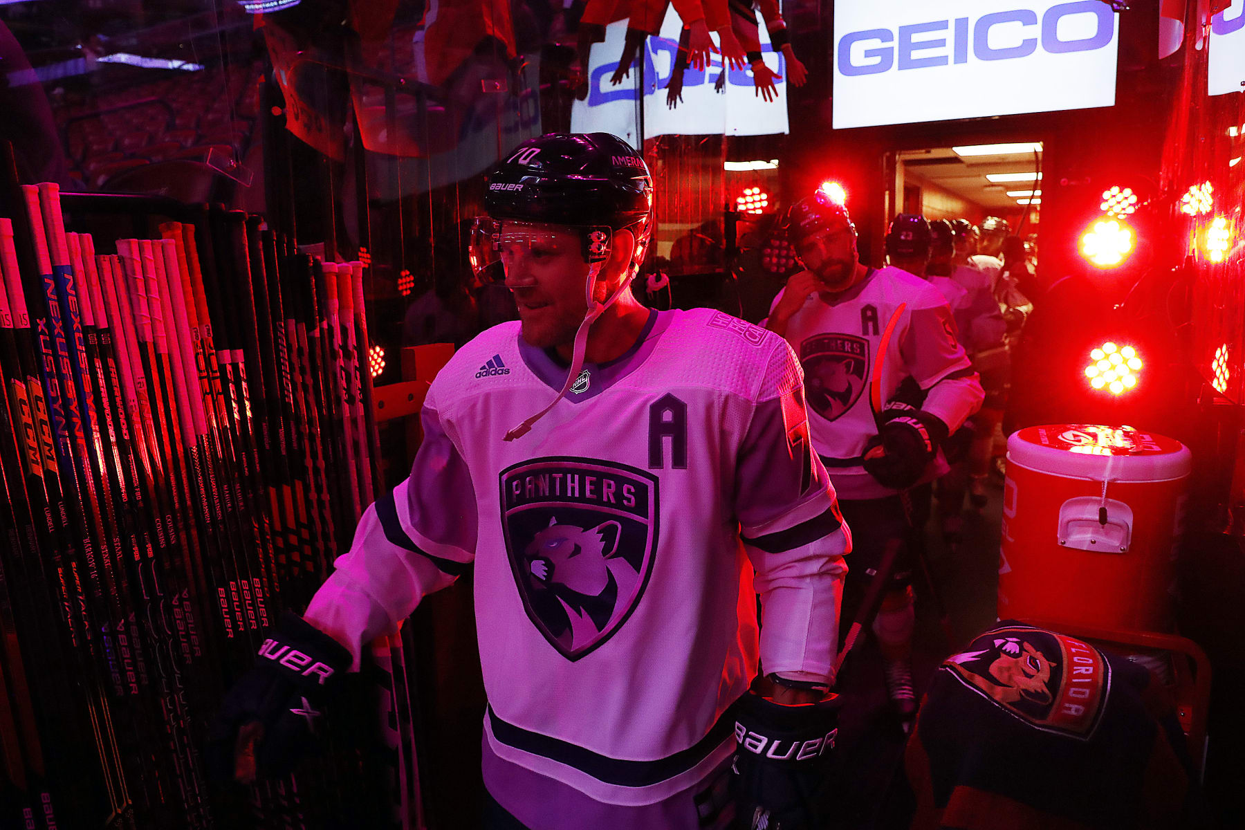 SUNRISE, FLORIDA - NOVEMBER 12: Patric Hornqvist #70 of the Florida Panthers heads out to the ice with teammates for warm ups prior to the start of the game against the Edmonton Oilers at the FLA Live Arena on November 12, 2022 in Sunrise, Florida. (Photo by Eliot J. Schechter/NHLI via Getty Images)