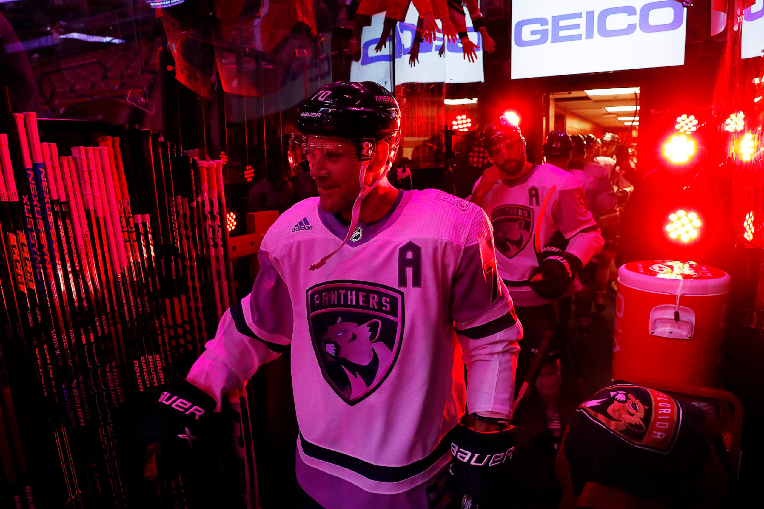SUNRISE, FLORIDA - NOVEMBER 12: Patric Hornqvist #70 of the Florida Panthers heads out to the ice with teammates for warm ups prior to the start of the game against the Edmonton Oilers at the FLA Live Arena on November 12, 2022 in Sunrise, Florida. (Photo by Eliot J. Schechter/NHLI via Getty Images)
