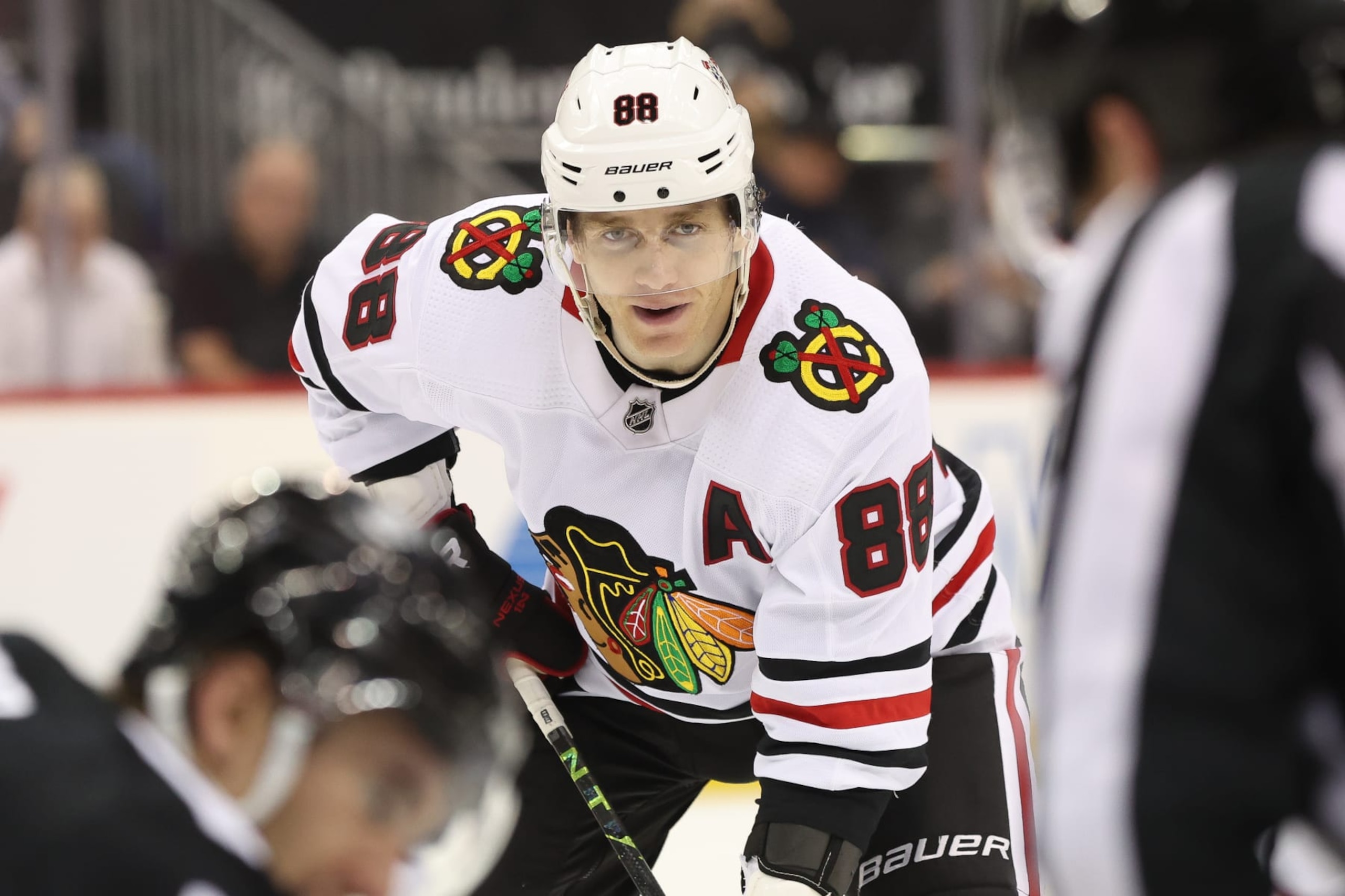 NEWARK, NJ - DECEMBER 06: Chicago Blackhawks right wing Patrick Kane (88) looks on during the National Hockey League game between the Chicago Blackhawks and the New Jersey Devils on December 6, 2022 at Prudential Center in Newark, NJ. (Photo by Andrew Mordzynski/Icon Sportswire via Getty Images)