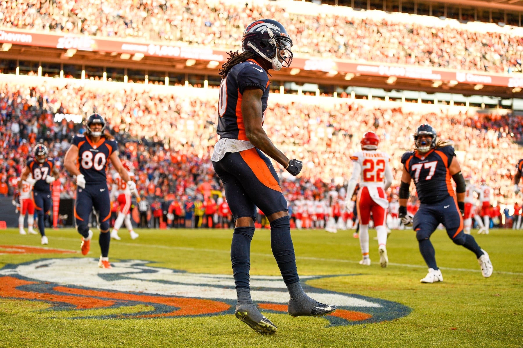 DENVER, CO - DECEMBER 11: Denver Broncos wide receiver Jerry Jeudy (10) celebrates after catching a pass for a secoind quartert touchdown during a game between the Kansas City Chiefs and the Denver Broncos at Empower Field at Mile High on December 11, 2022 in Denver, Colorado. (Photo by Dustin Bradford/Icon Sportswire via Getty Images)