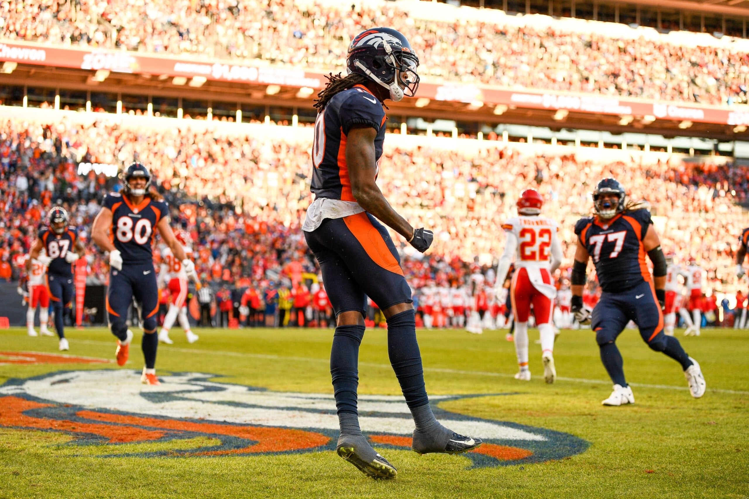 DENVER, CO - DECEMBER 11: Denver Broncos wide receiver Jerry Jeudy (10) celebrates after catching a pass for a secoind quartert touchdown during a game between the Kansas City Chiefs and the Denver Broncos at Empower Field at Mile High on December 11, 2022 in Denver, Colorado. (Photo by Dustin Bradford/Icon Sportswire via Getty Images)