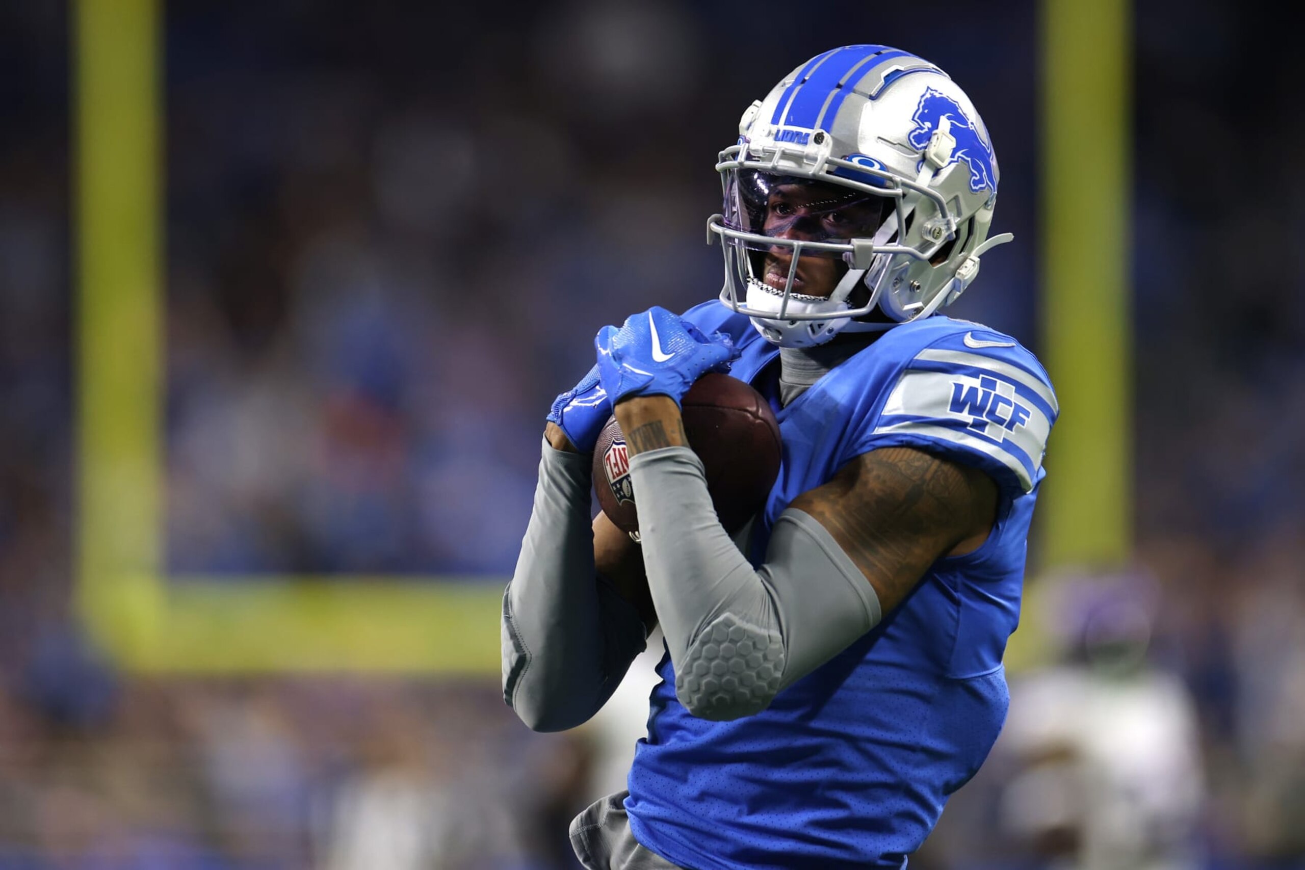 DETROIT, MICHIGAN - DECEMBER 11: DJ Chark #4 of the Detroit Lions scores a touchdown during the second quarter of the game against the Minnesota Vikings at Ford Field on December 11, 2022 in Detroit, Michigan. (Photo by Mike Mulholland/Getty Images) DETROIT, MICHIGAN - DECEMBER 11: DJ Chark #4 of the Detroit Lions scores a touchdown during the second quarter of the game against the Minnesota Vikings at Ford Field on December 11, 2022 in Detroit, Michigan. (Photo by Mike Mulholland/Getty Images)