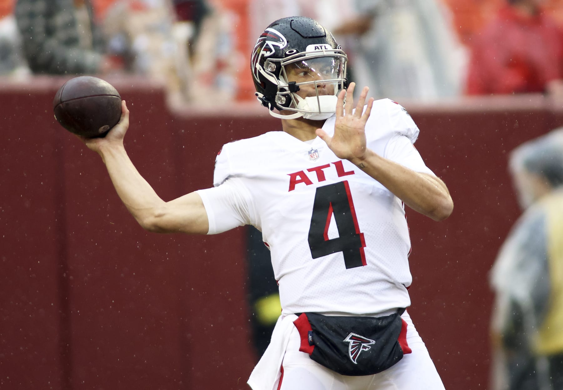 Atlanta Falcons quarterback Desmond Ridder (4) throws before an NFL football game against the Washington Commanders, Sunday, November 27, 2022 in Landover. (AP Photo/Daniel Kucin Jr.) Atlanta Falcons quarterback Desmond Ridder (4) throws before an NFL football game against the Washington Commanders, Sunday, November 27, 2022 in Landover. (AP Photo/Daniel Kucin Jr.)