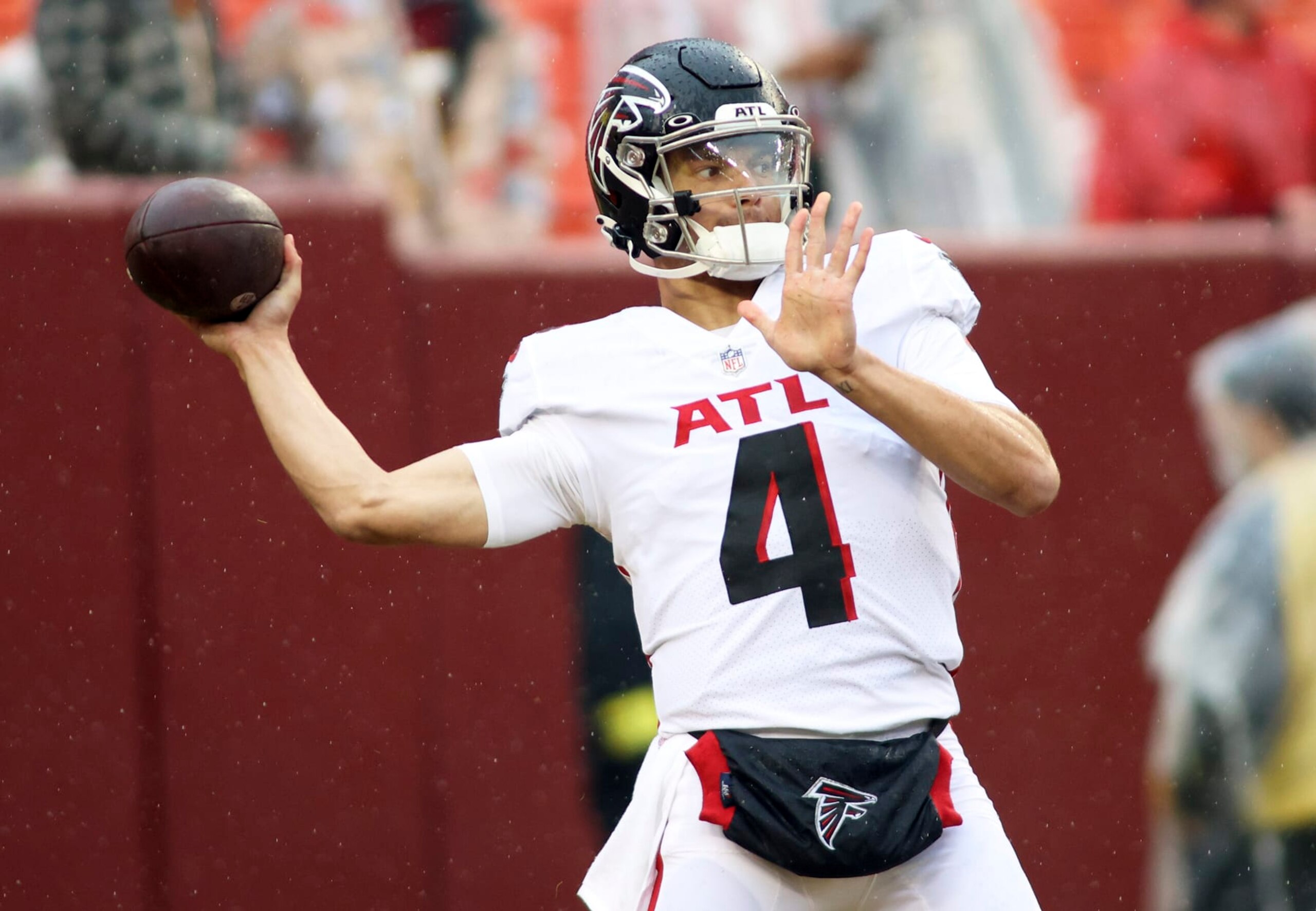 Atlanta Falcons quarterback Desmond Ridder (4) throws before an NFL football game against the Washington Commanders, Sunday, November 27, 2022 in Landover. (AP Photo/Daniel Kucin Jr.) Atlanta Falcons quarterback Desmond Ridder (4) throws before an NFL football game against the Washington Commanders, Sunday, November 27, 2022 in Landover. (AP Photo/Daniel Kucin Jr.)