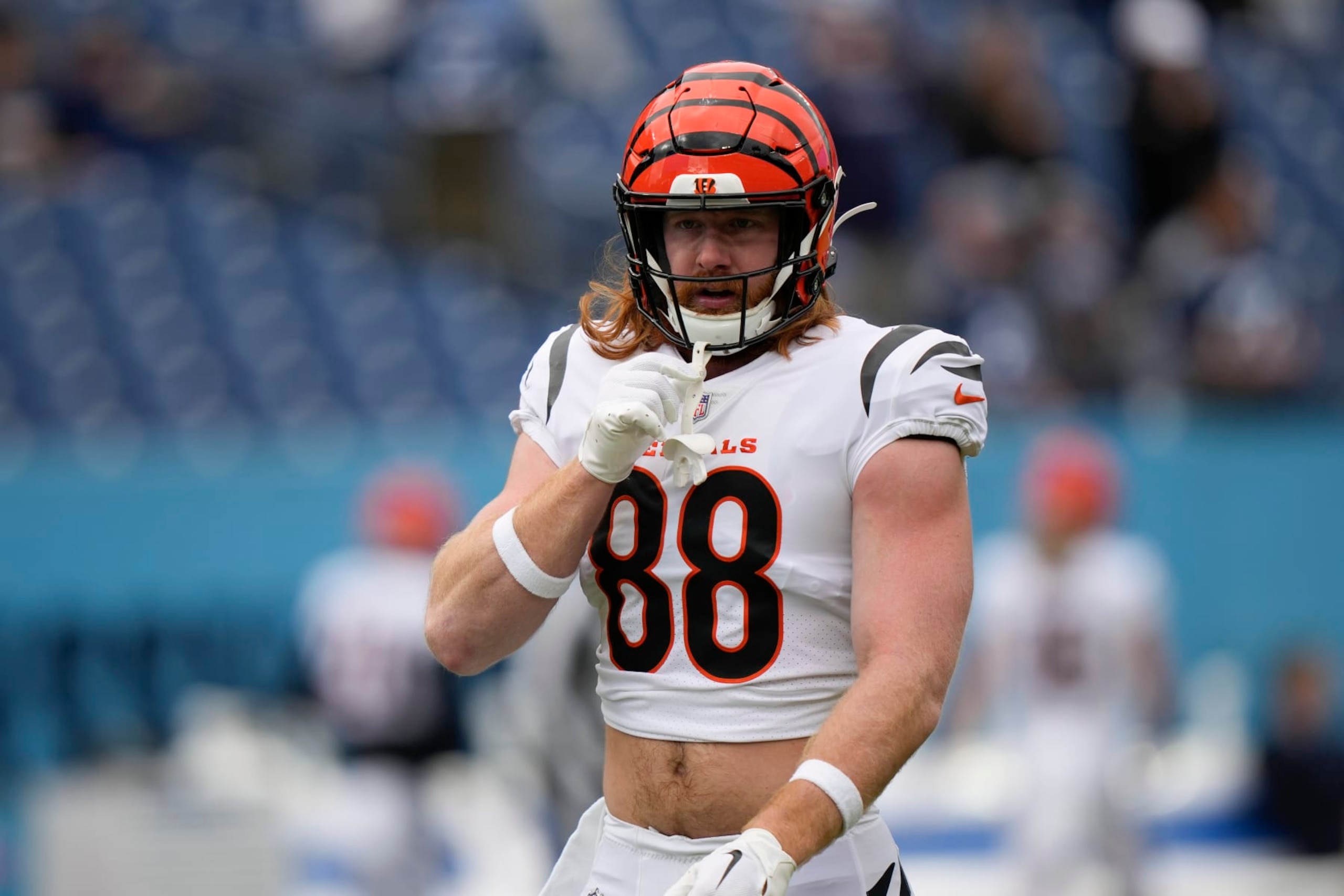 Cincinnati Bengals tight end Hayden Hurst (88) warms up before an NFL football game between the Tennessee Titans and the Cincinnati Bengals, Sunday, Nov. 27, 2022, in Nashville, Tenn. (AP Photo/Gerald Herbert) Cincinnati Bengals tight end Hayden Hurst (88) warms up before an NFL football game between the Tennessee Titans and the Cincinnati Bengals, Sunday, Nov. 27, 2022, in Nashville, Tenn. (AP Photo/Gerald Herbert)