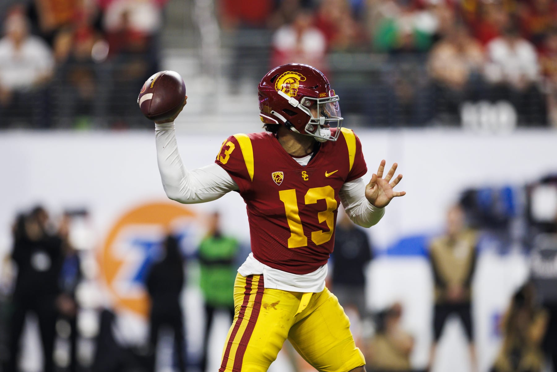LAS VEGAS, NV - DECEMBER 02: USC Trojans quarterback Caleb Williams (13) throws during the Pac-12 Championship football game between Utah Utes and USC Trojans on December 2, 2022 at Allegiant Stadium in Las Vegas, NV. (Photo by Ric Tapia/Icon Sportswire via Getty Images)