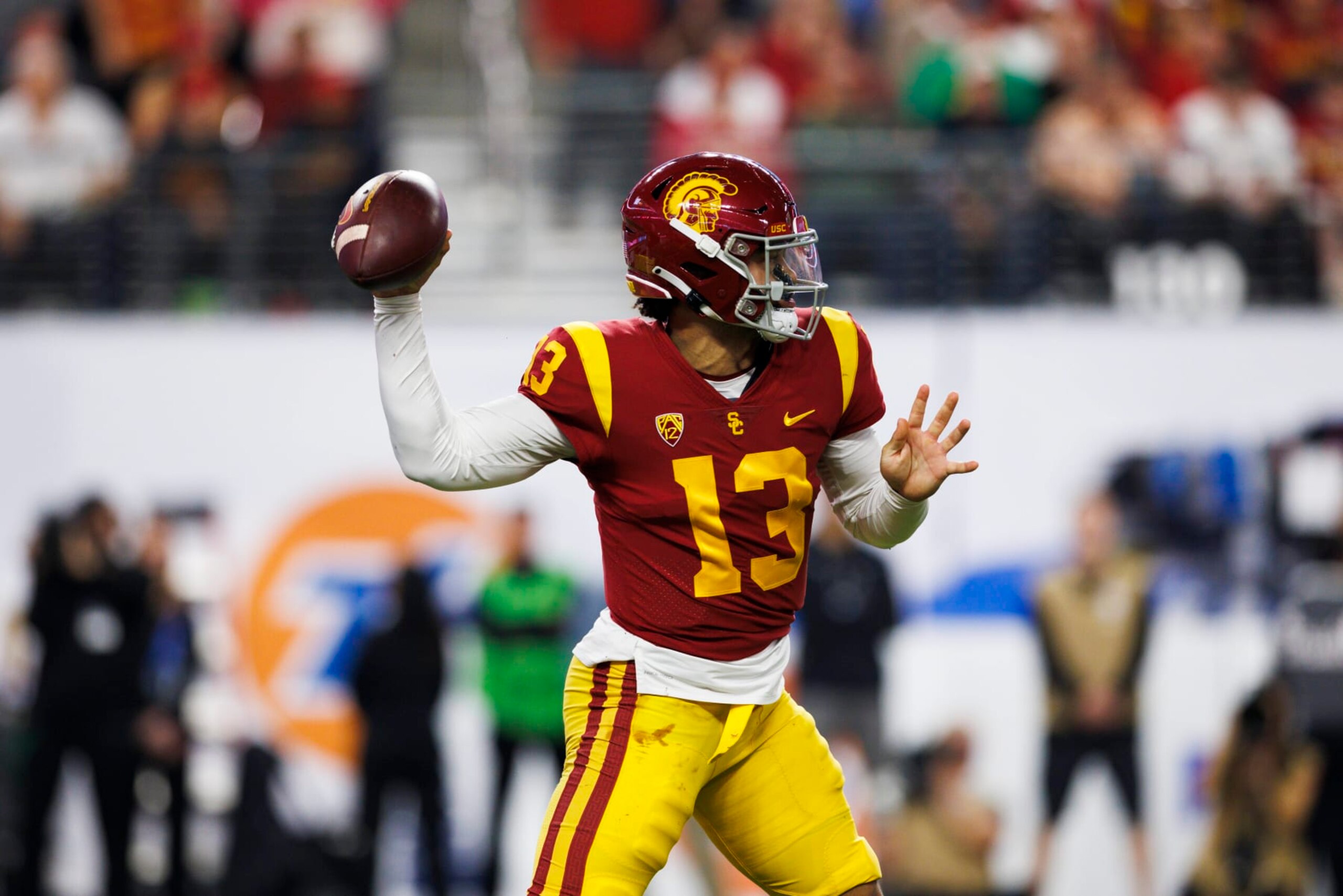 LAS VEGAS, NV - DECEMBER 02: USC Trojans quarterback Caleb Williams (13) throws during the Pac-12 Championship football game between Utah Utes and USC Trojans on December 2, 2022 at Allegiant Stadium in Las Vegas, NV. (Photo by Ric Tapia/Icon Sportswire via Getty Images) LAS VEGAS, NV - DECEMBER 02: USC Trojans quarterback Caleb Williams (13) throws during the Pac-12 Championship football game between Utah Utes and USC Trojans on December 2, 2022 at Allegiant Stadium in Las Vegas, NV. (Photo by Ric Tapia/Icon Sportswire via Getty Images)