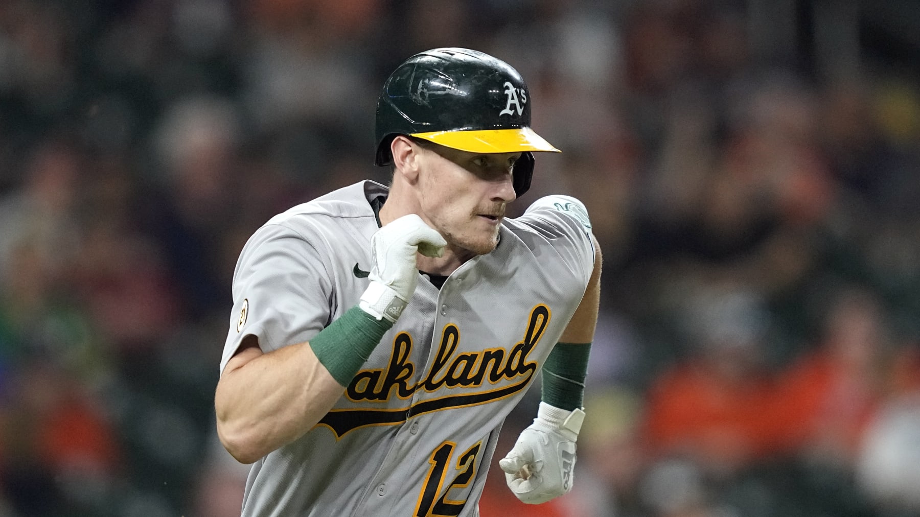 Oakland Athletics' Sean Murphy runs up the first base line during the ninth inning of a baseball game against the Houston Astros Thursday, Sept. 15, 2022, in Houston. (AP Photo/David J. Phillip)