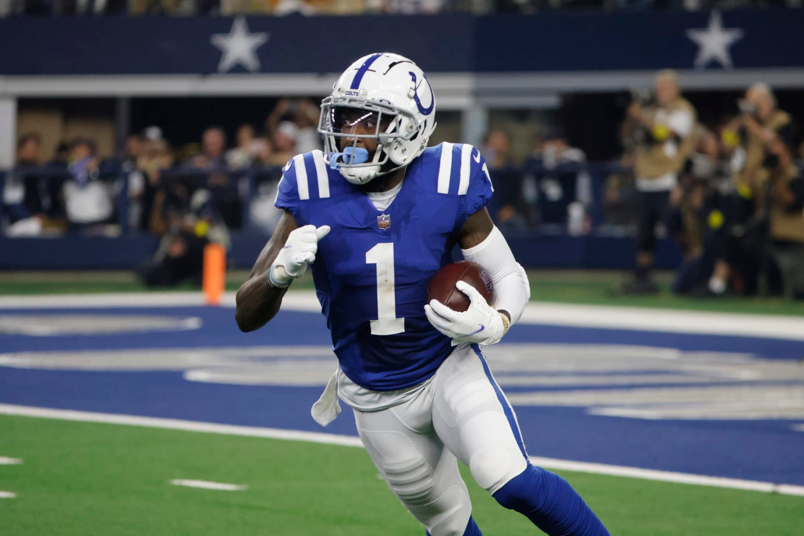 Indianapolis Colts wide receiver Parris Campbell (1) runs with the ball during an NFL Football game in Arlington, Texas, Sunday, Dec. 4, 2022. (AP Photo/Michael Ainsworth)
