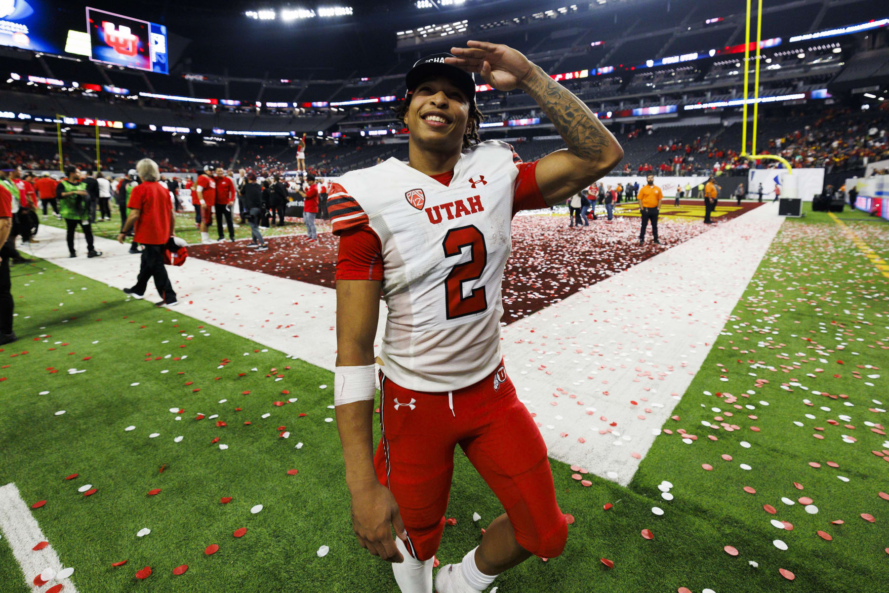 LAS VEGAS, NV - DECEMBER 02: Utah Utes running back Micah Bernard (2) celebrates during the Pac-12 Championship football game between Utah Utes and USC Trojans on December 2, 2022 at Allegiant Stadium in Las Vegas, NV. (Photo by Ric Tapia/Icon Sportswire via Getty Images)